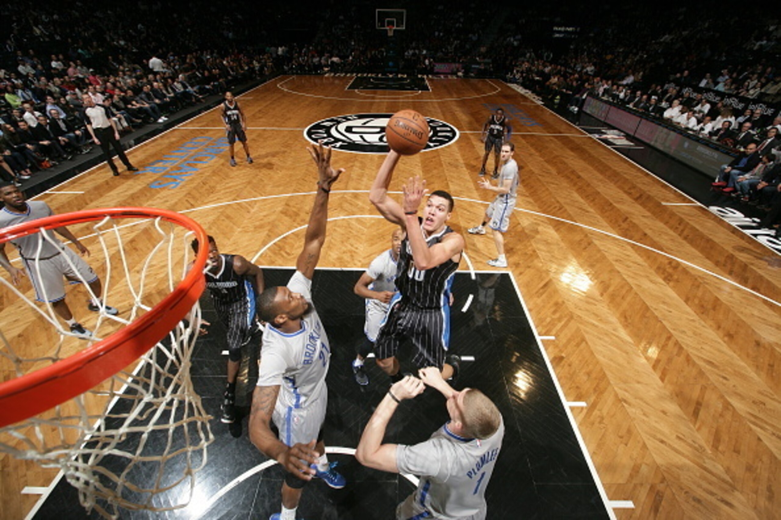 NEW YORK, NY - APRIL 15: Aaron Gordon #00 of the Orlando Magic goes up for a shot against the Brooklyn Nets on April 15, 2015 at the Barclays Center in the Brooklyn borough of New York City. NOTE TO USER: User expressly acknowledges and agrees that, by do