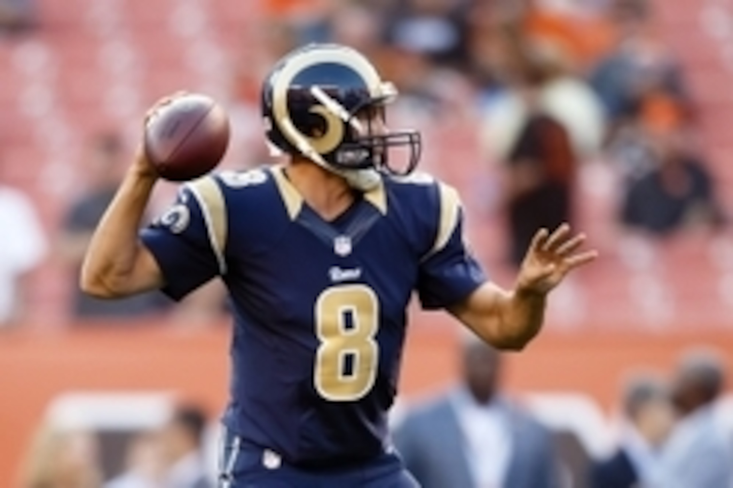 Aug 23, 2014; Cleveland, OH, USA; St. Louis Rams quarterback Sam Bradford (8) warms up before the game against the Cleveland Browns at FirstEnergy Stadium. Mandatory Credit: Rick Osentoski-USA TODAY Sports Aug 23, 2014; Cleveland, OH, USA; St. Louis Rams quarterback Sam Bradford (8) warms up before the game against the Cleveland Browns at FirstEnergy Stadium. Mandatory Credit: Rick Osentoski-USA TODAY Sports