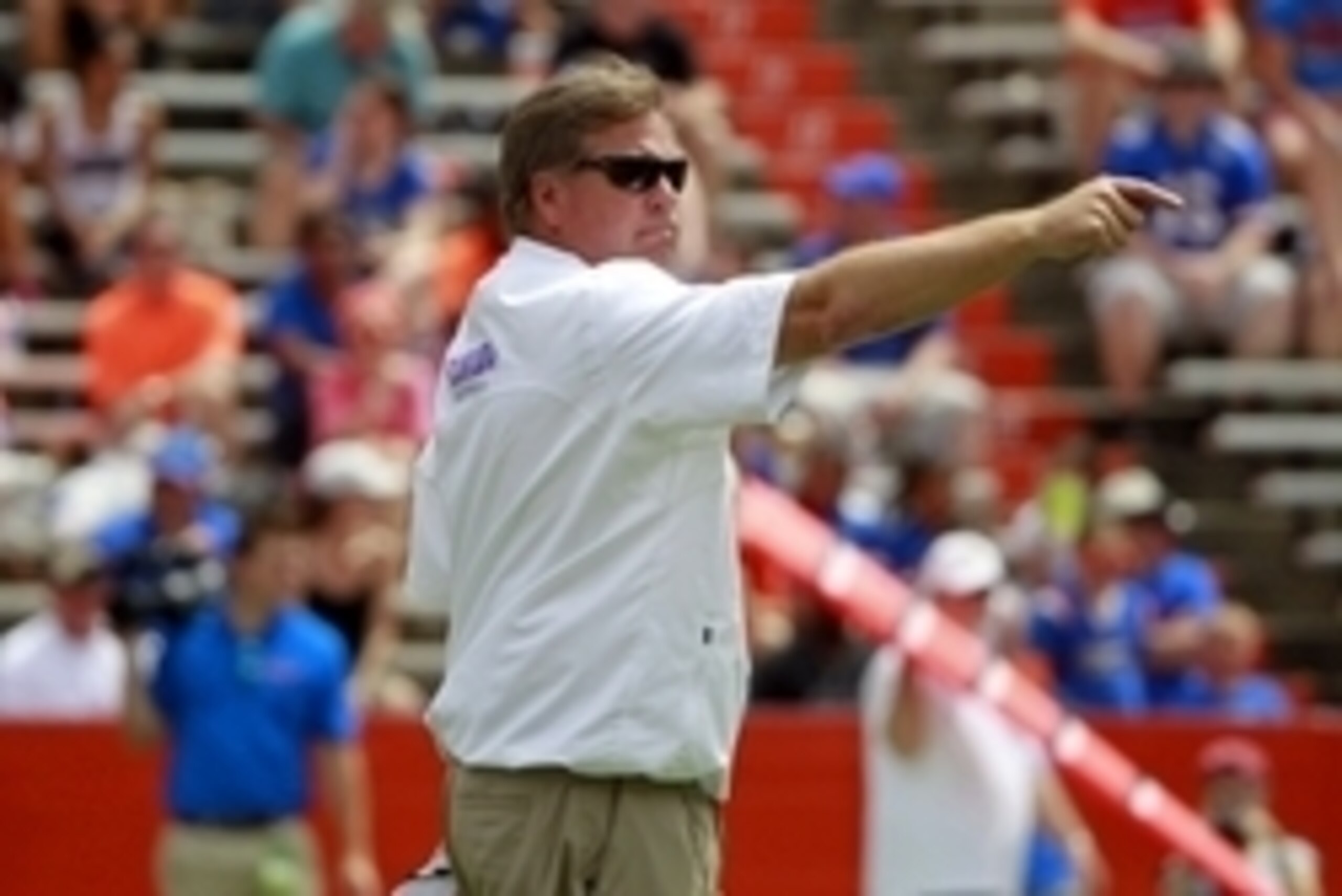 Apr 11, 2015; Gainesville, FL, USA; Florida Gators head coach Jim McElwain points during the first half at the Orange and Blue Debut at Ben Hill Griffin Stadium. Mandatory Credit: Kim Klement-USA TODAY Sports Apr 11, 2015; Gainesville, FL, USA; Florida Gators head coach Jim McElwain points during the first half at the Orange and Blue Debut at Ben Hill Griffin Stadium. Mandatory Credit: Kim Klement-USA TODAY Sports