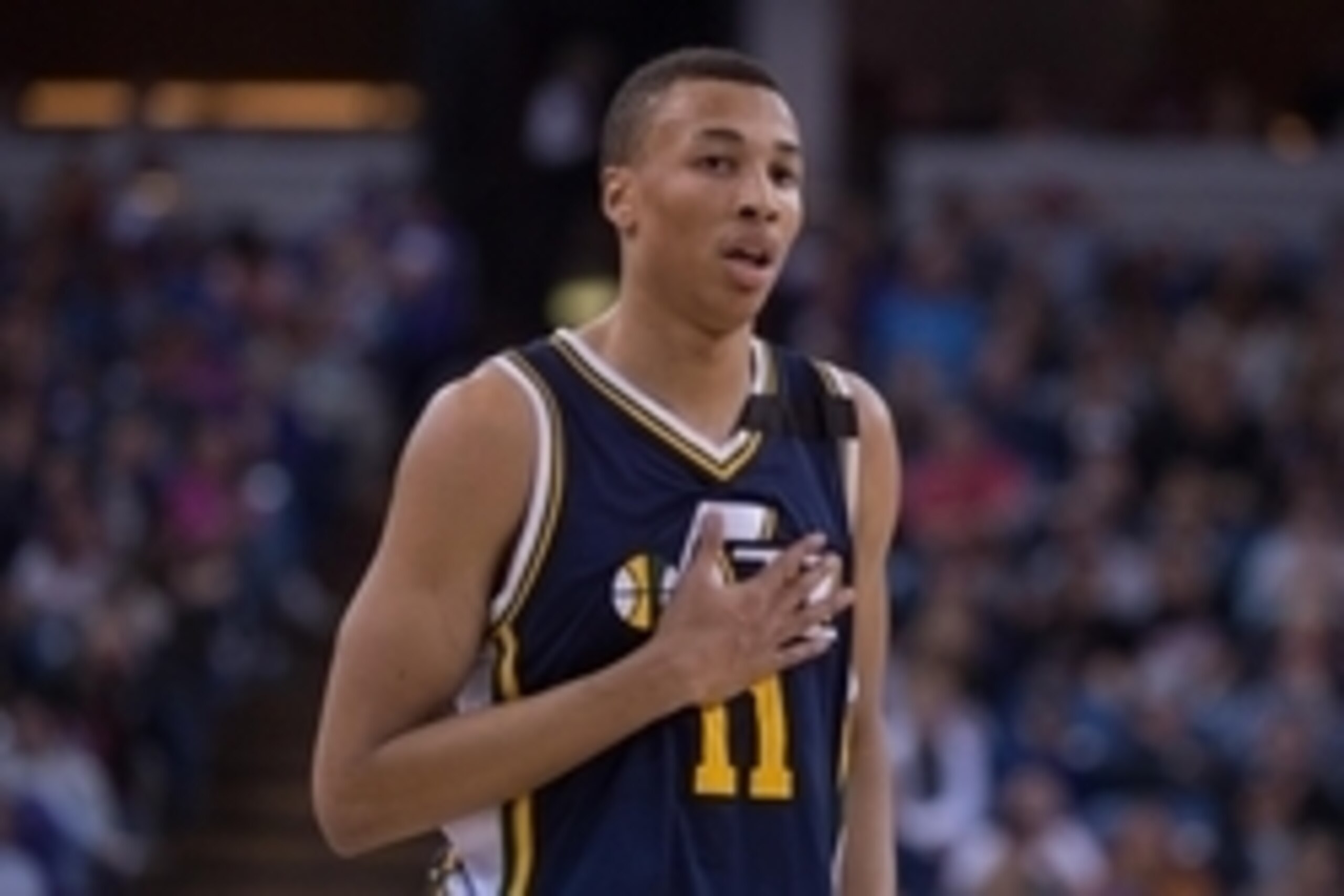 April 5, 2015; Sacramento, CA, USA; Utah Jazz guard Dante Exum (11) looks on during the first quarter against the Sacramento Kings at Sleep Train Arena. Mandatory Credit: Kyle Terada-USA TODAY Sports