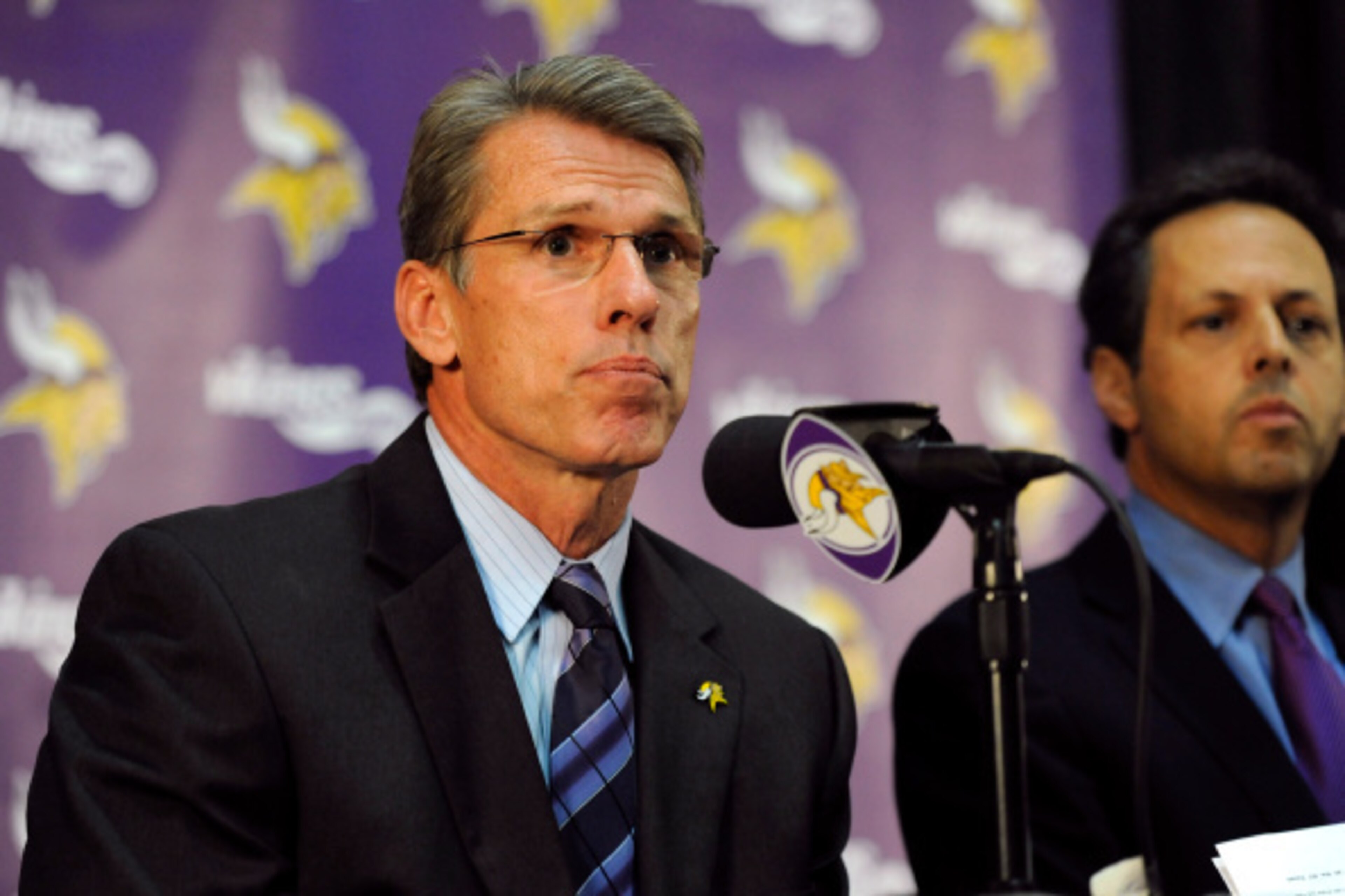 EDEN PRAIRIE, MN - SEPTEMBER 17: General Manager Rick Spielman and Owner Mark Wilf of the Minnesota Vikings speaks to the media during a press conference on September 17, 2014 at Winter Park in Eden Prairie, Minnesota. The Vikings addressed their decision