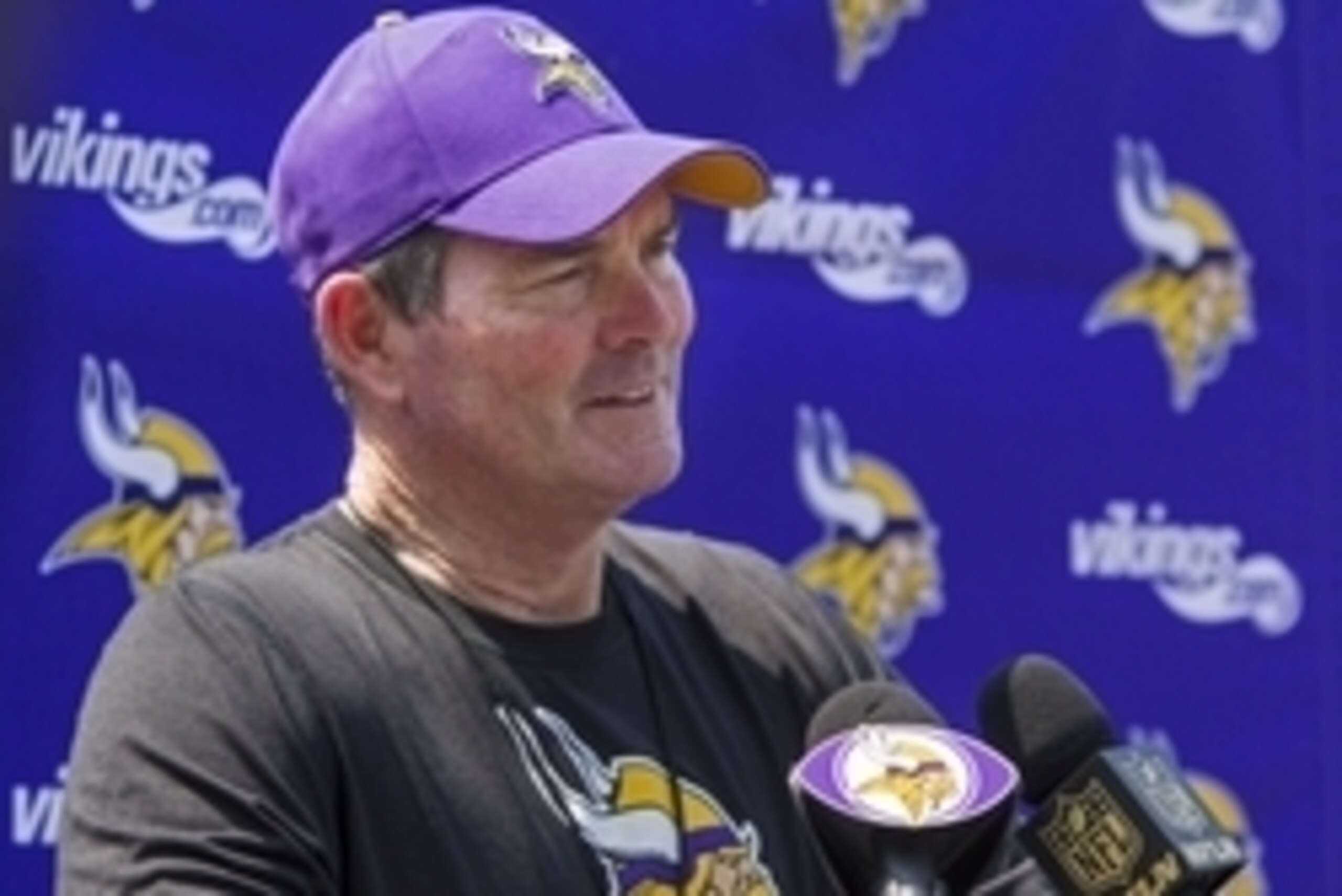 May 27, 2015; Eden Prairie, MN, USA; Minnesota Vikings head coach Mike Zimmer speaks with the media after practice at Winter Park. Mandatory Credit: Bruce Kluckhohn-USA TODAY Sports