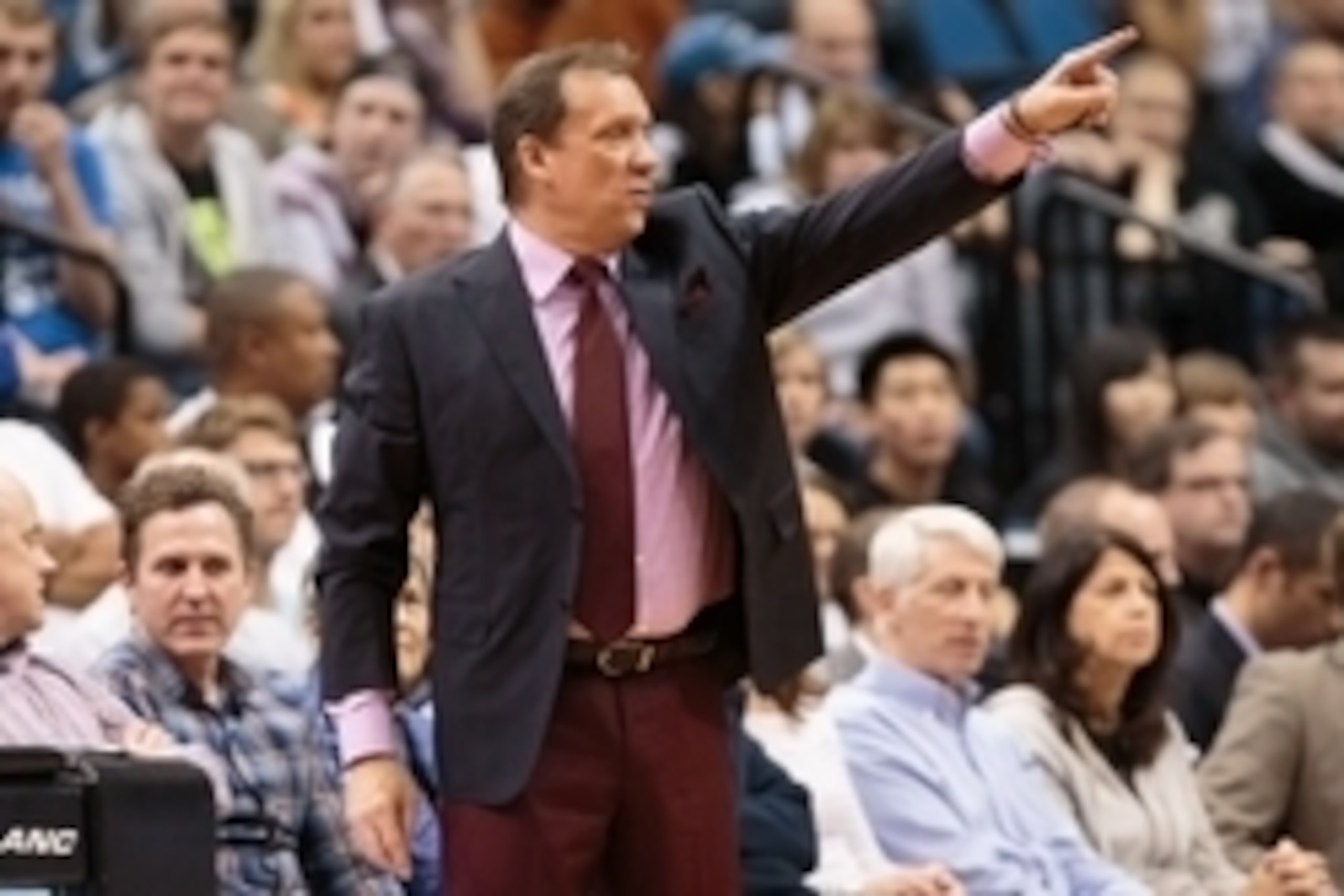 Apr 15, 2015; Minneapolis, MN, USA; Minnesota Timberwolves head coach Flip Saunders gestures from the sidelines in the first quarter against the Oklahoma City Thunder at Target Center. Mandatory Credit: Brad Rempel-USA TODAY Sports