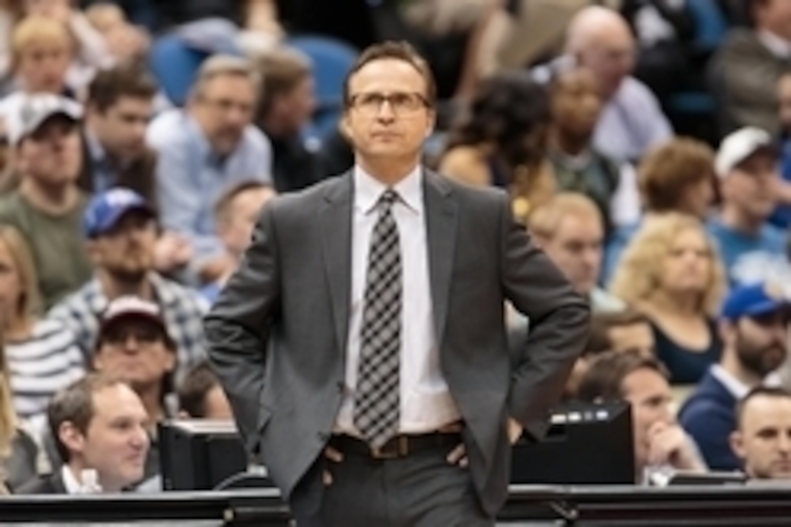 Apr 15, 2015; Minneapolis, MN, USA; Oklahoma City Thunder head coach Scott Brooks stands on the sidelines in the first quarter against the Minnesota Timberwolves at Target Center. Mandatory Credit: Brad Rempel-USA TODAY Sports