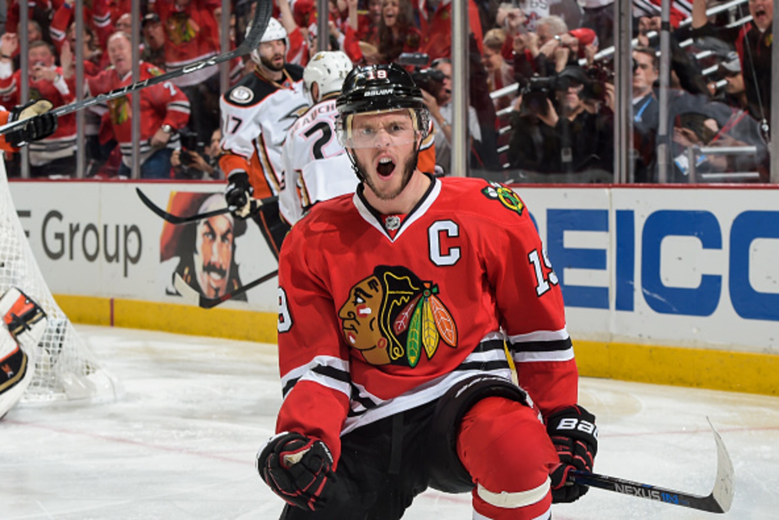 CHICAGO, IL - MAY 23:  Jonathan Toews #19 of the Chicago Blackhawks reacts after scoring against the Anaheim Ducks in the third period of Game Four of the Western Conference Finals during the 2015 NHL Stanley Cup Playoffs at the United Center on May 23, 2