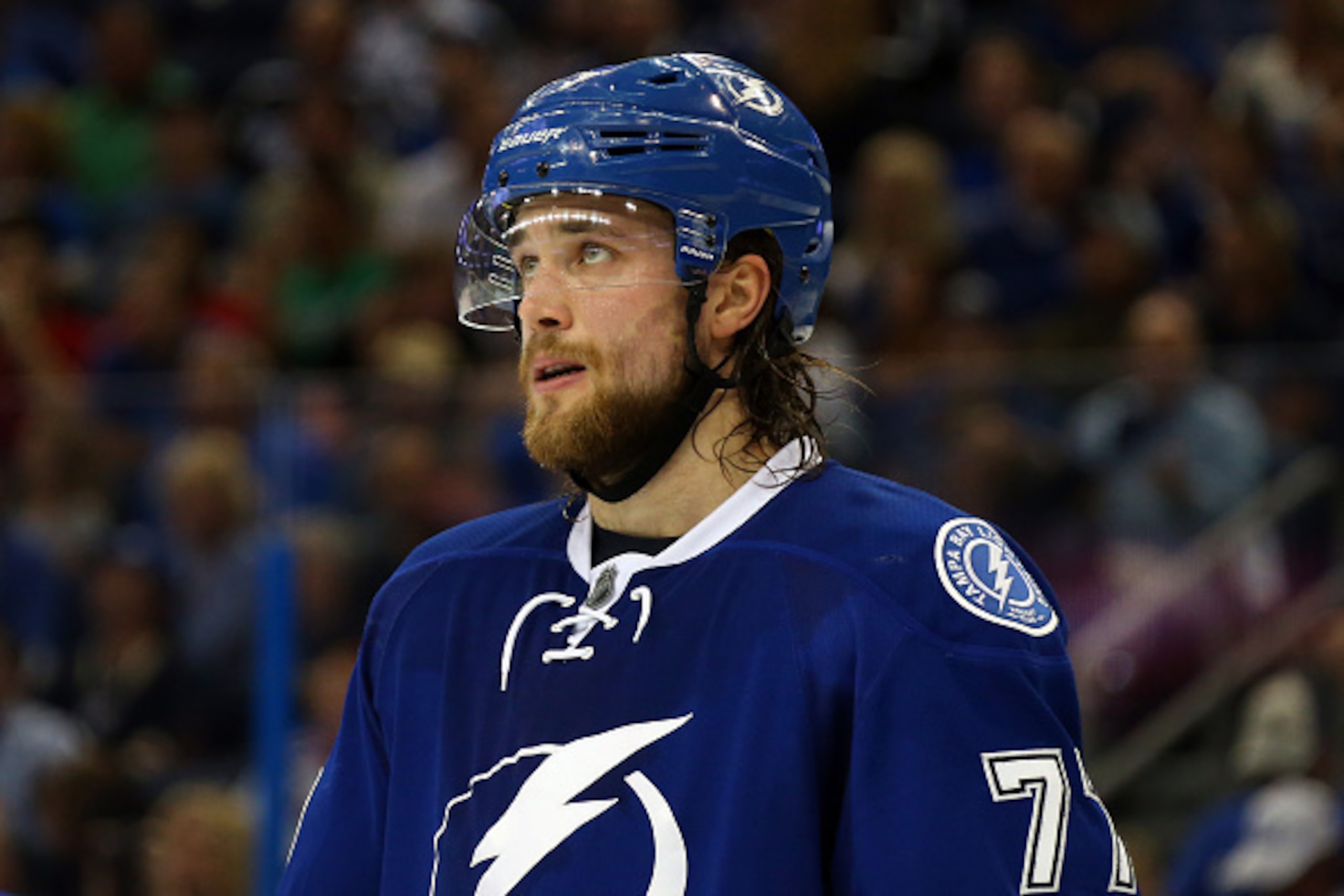 TAMPA, FL - MAY 22:  Victor Hedman #77 of the Tampa Bay Lightning looks on against the New York Rangers in Game Four of the Eastern Conference Finals during the 2015 NHL Stanley Cup Playoffs at Amalie Arena on May 22, 2015 in Tampa, Florida.  (Photo by Br