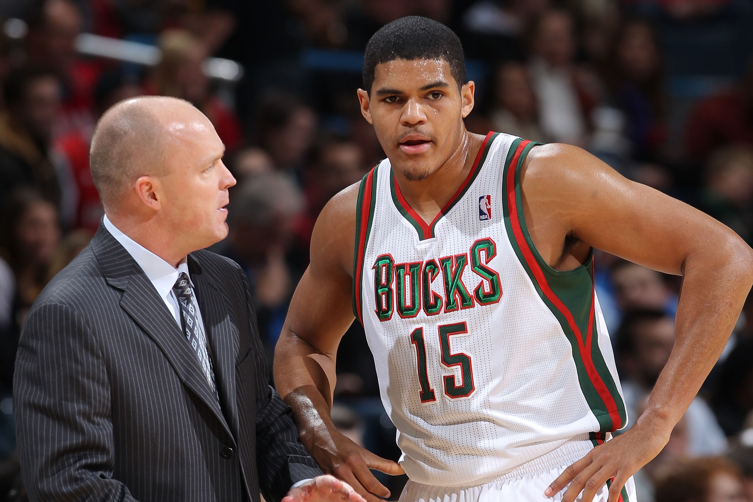 MILWAUKEE, WI - NOVEMBER 14:  (L-R) Head Coach Scott Skiles speaks with Tobias Harris #15 of the Milwaukee Bucks during the NBA game against the Indiana Pacers on November 14, 2012 at the BMO Harris Bradley Center in Milwaukee, Wisconsin. NOTE TO USER:  U
