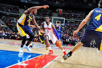 AUBURN HILLS, MI - APRIL 10:  Reggie Jackson #1 of the Detroit Pistons handles the ball against the Indiana Pacers on April 10, 2015 at The Palace of Auburn Hills in Auburn Hills, Michigan. NOTE TO USER: User expressly acknowledges and agrees that, by dow