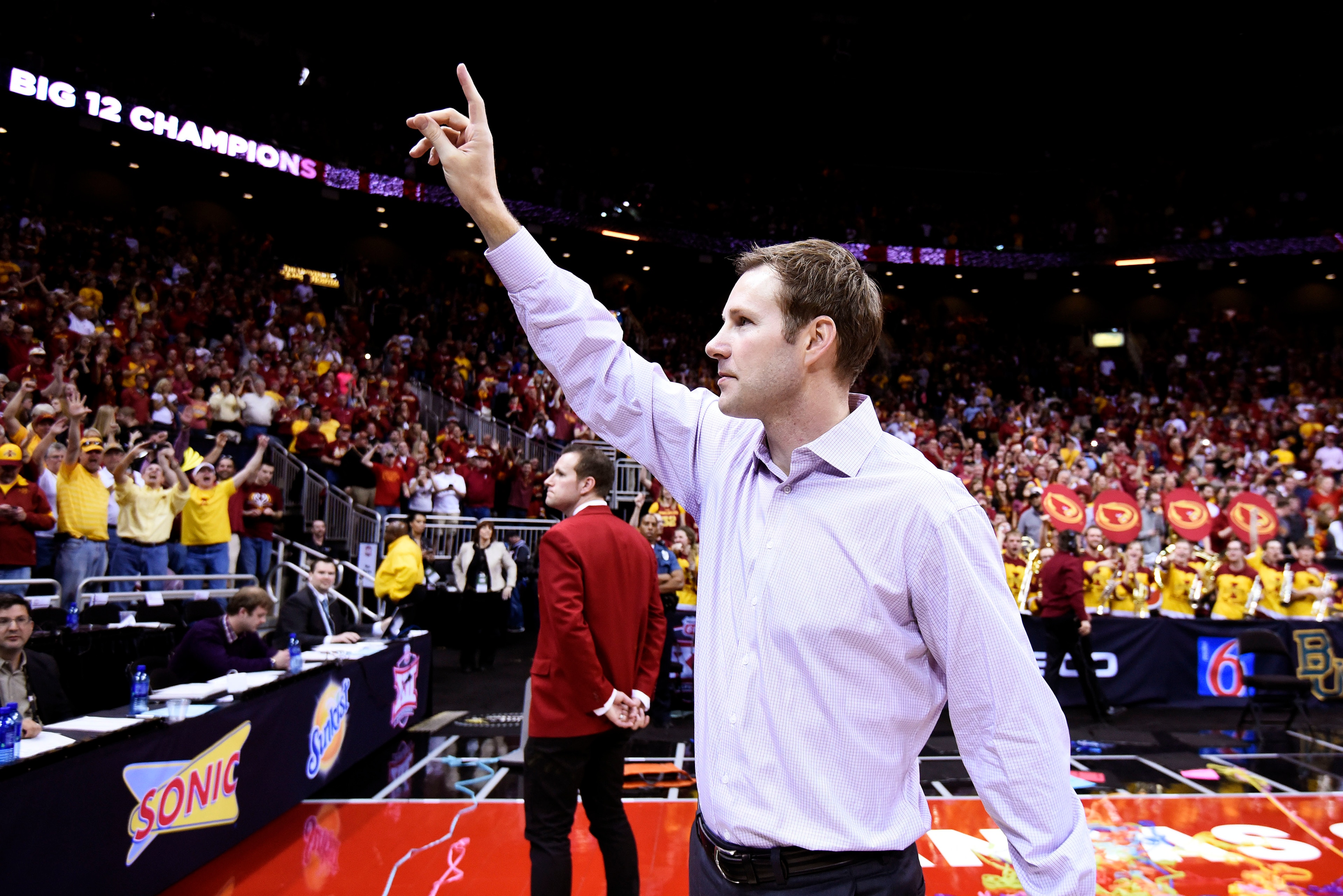 KANSAS CITY, MO - MARCH 14: Head coach Fred Hoiberg of the Iowa State Cyclones waves to the crowd after their 70 to 66 win over the Kansas Jayhawks during the championship game of the Big 12 Basketball Tournament at Sprint Center on March 14, 2015 in Kan KANSAS CITY, MO - MARCH 14: Head coach Fred Hoiberg of the Iowa State Cyclones waves to the crowd after their 70 to 66 win over the Kansas Jayhawks during the championship game of the Big 12 Basketball Tournament at Sprint Center on March 14, 2015 in Kan