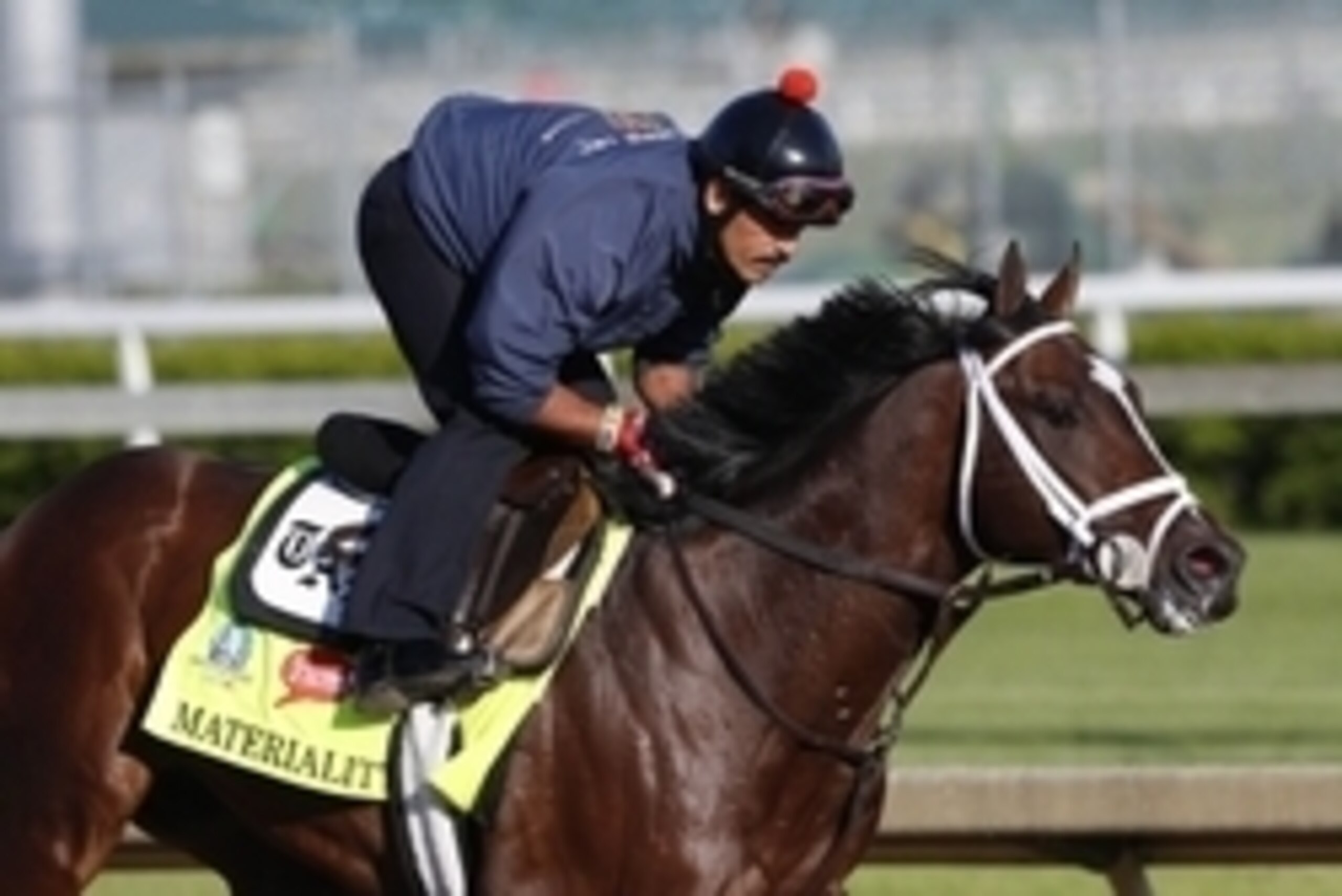 Apr 27, 2015; Louisville, KY, USA; Materiality ridden by Carlos Cano and trained by Todd Pletcher is exercised during morning work outs at Churchill Downs. Mandatory Credit: Mark Zerof-USA TODAY Sports
