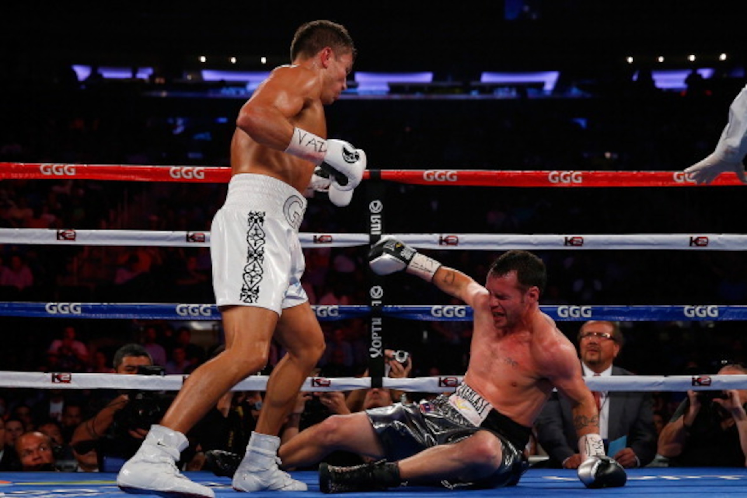 NEW YORK, NY - JULY 26: Gennady Golovkin knocks out Daniel Geale in the third round to win the WBA/IBO middleweight championship at Madison Square Garden on July 26, 2014 in New York City.  (Photo by Mike Stobe/Getty Images)
