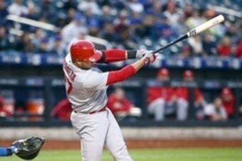 May 20, 2015; New York City, NY, USA; St. Louis Cardinals shortstop Jhonny Peralta (27) bats against the New York Mets at Citi Field. Mandatory Credit: Andy Marlin-USA TODAY Sports