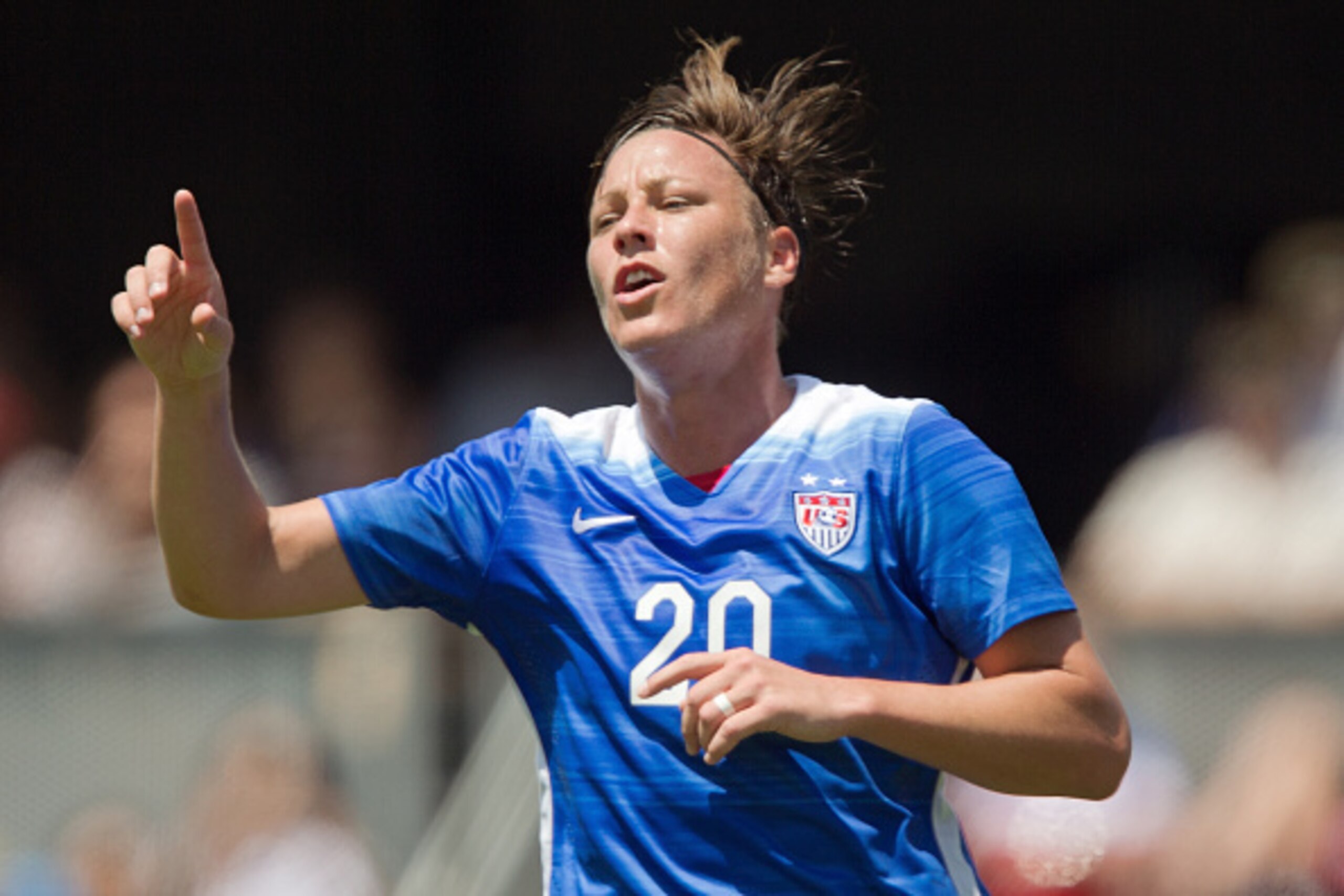 SAN JOSE, CA - MAY 10:  Abby Wambach #20 of the United States points into the crowd after nearly scoring on a shot on goal against Ireland in the first half of their international friendly match on May 10, 2015 at Avaya Stadium in San Jose, California.  T