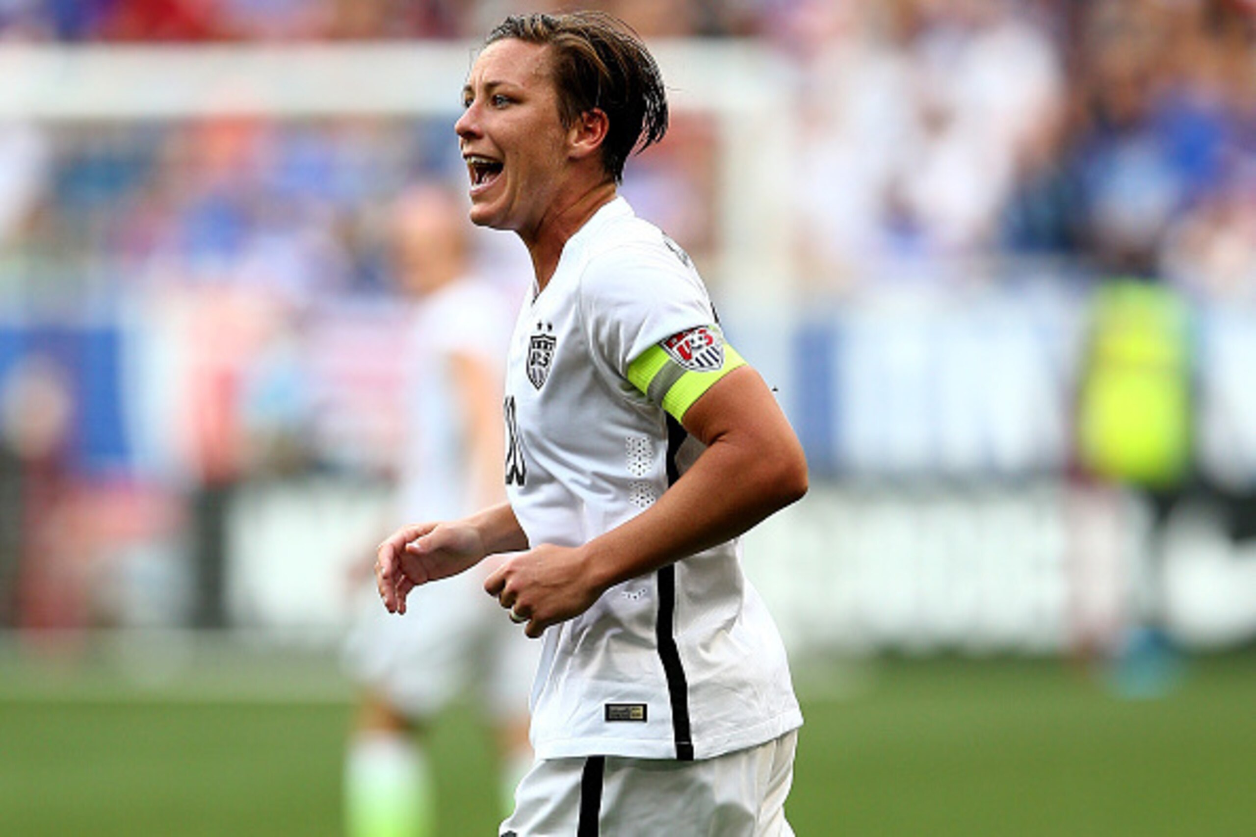 HARRISON, NJ - MAY 30:  Abby Wambach #20 of United States reacts in the second half against the South Korea during an international friendly match at Red Bull Arena on May 30, 2015 in Harrison, New Jersey.  (Photo by Elsa/Getty Images)