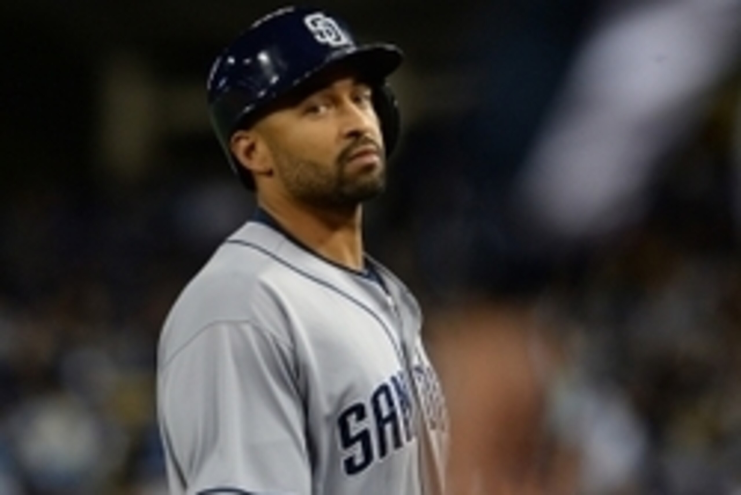May 23, 2015; Los Angeles, CA, USA;  San Diego Padres right fielder Matt Kemp (27) looks back after he ground out in the seventh inning of the game against the San Diego Padres at Dodger Stadium. Mandatory Credit: Jayne Kamin-Oncea-USA TODAY Sports