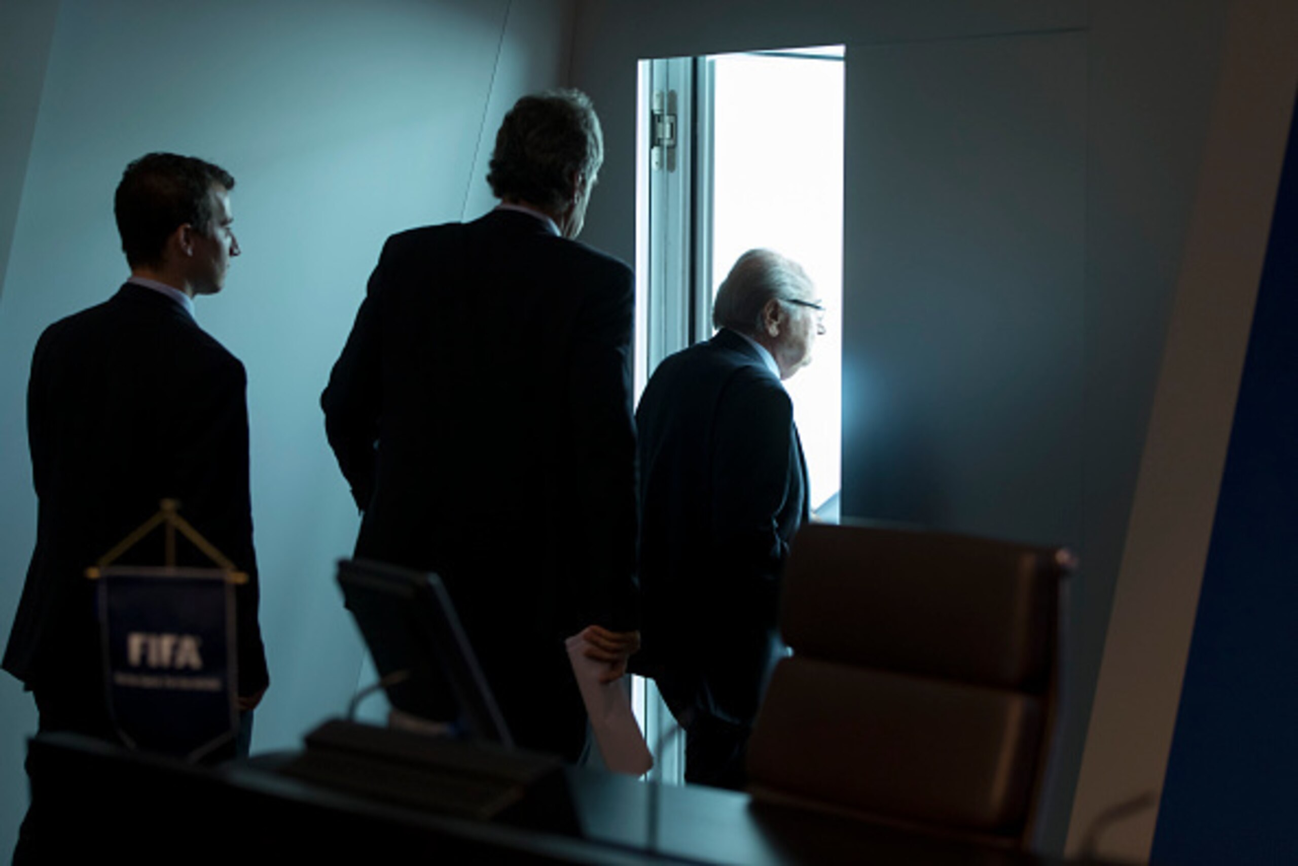 ZURICH, SWITZERLAND - MAY 30:  FIFA President Joseph S. Blatter, right, leaves the FIFA Post Congress Week Press Conference at the Home of FIFA on May 30, 2015 in Zurich, Switzerland.  (Photo by Alessandro Della Bella/Getty Images)