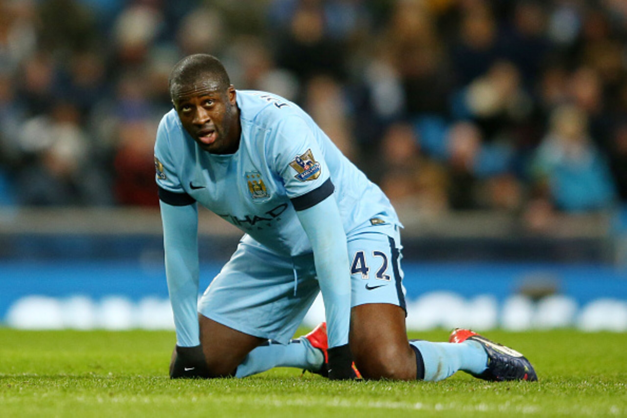 MANCHESTER, ENGLAND - MARCH 04:  Yaya Toure of Manchester City reacts during the Barclays Premier League match between Manchester City and Leicester City at the Etihad Stadium on March 4, 2015 in Manchester, England.  (Photo by Richard Heathcote/Getty Ima