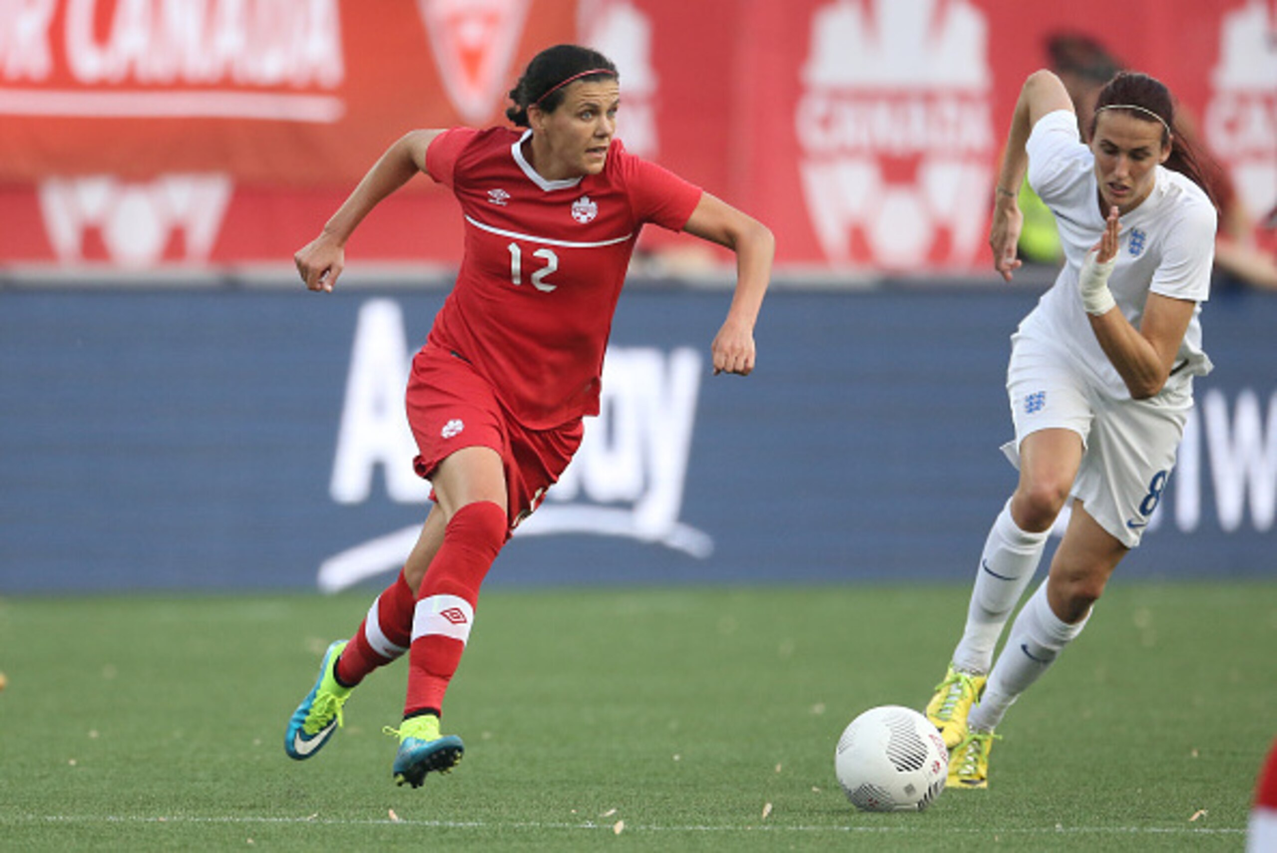 HAMILTON, CANADA - MAY 29: Christine Sinclair #12 of Canada runs with the ball against England during their Women's International Friendly match on May 29, 2015 at Tim Hortons Field in Hamilton, Ontario, Canada. (Photo by Tom Szczerbowski/Getty Images) HAMILTON, CANADA - MAY 29: Christine Sinclair #12 of Canada runs with the ball against England during their Women's International Friendly match on May 29, 2015 at Tim Hortons Field in Hamilton, Ontario, Canada. (Photo by Tom Szczerbowski/Getty Images)