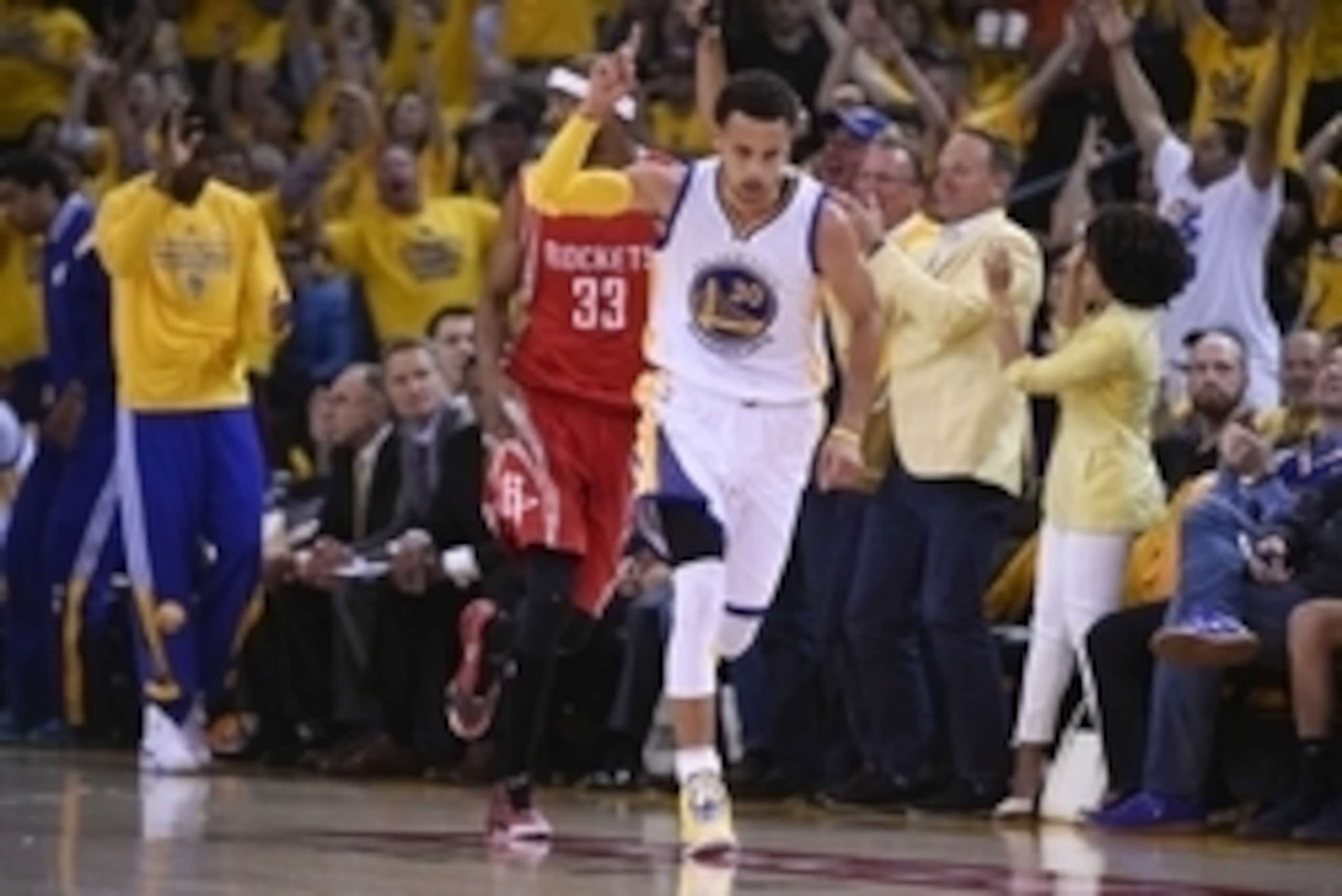 May 27, 2015; Oakland, CA, USA; Golden State Warriors guard Stephen Curry (30) reacts after scoring during the first half against the Houston Rockets in game five of the Western Conference Finals of the NBA Playoffs. at Oracle Arena. Mandatory Credit: Kyl