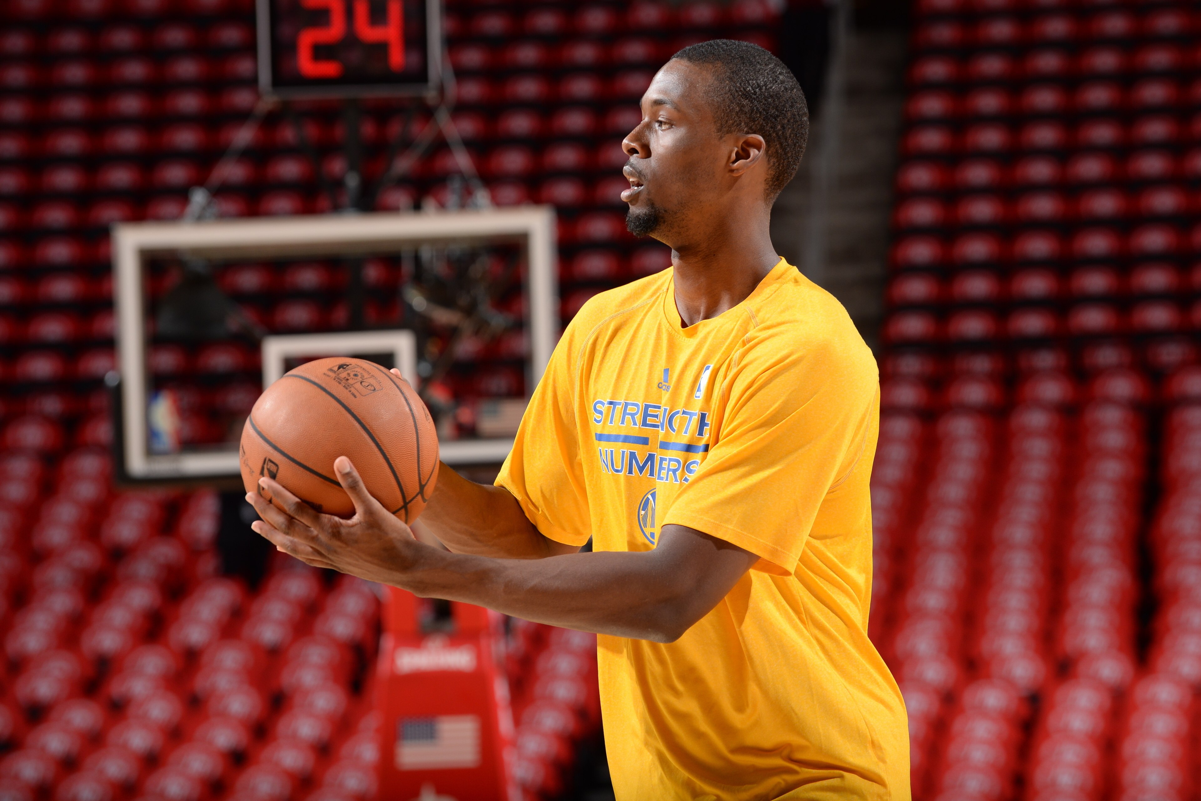 HOUSTON, TX - MAY 25:  Harrison Barnes #40 of the Golden State Warriors warms up before Game Four of the Western Conference Finals against the Houston Rockets during the 2015 NBA Playoffs on May 25, 2015 at the Toyota Center in Houston, Texas. NOTE TO USE