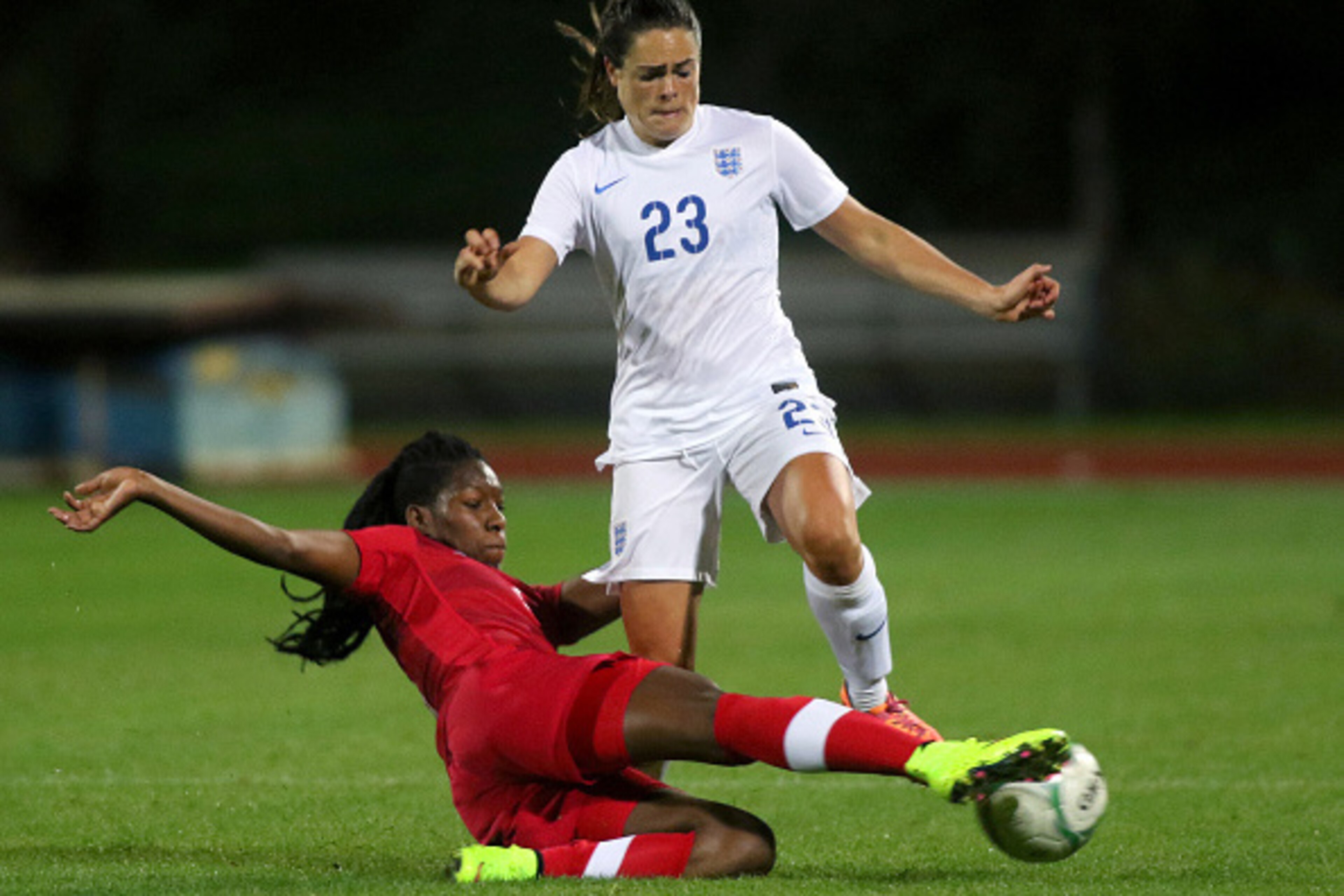 LARNACA, CYPRUS - MARCH 11: England's Claire Rafferty and Canada's Kadeisha Buchanan in action during the Cyprus Cup final match between England and Canada at GSZ stadium on March 11, 2015 in Larnaca, Cyprus.  (Photo by Getty Images/Getty Images)
