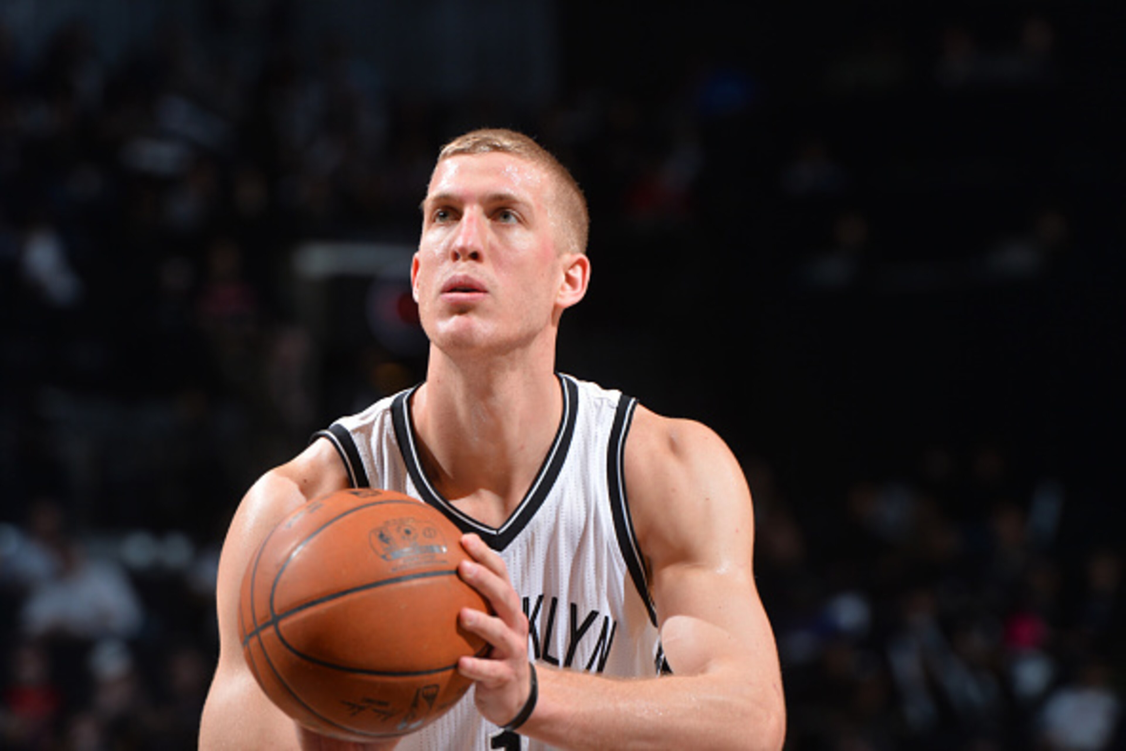 BROOKLYN,NY - APRIL 6: Mason Plumlee #1 of the Brooklyn Nets shoots a foul shot against the Portland Trail Blazers at Barclays Center on April 6, 2015 in Brooklyn, New York NOTE TO USER: User expressly acknowledges and agrees that, by downloading and/or u