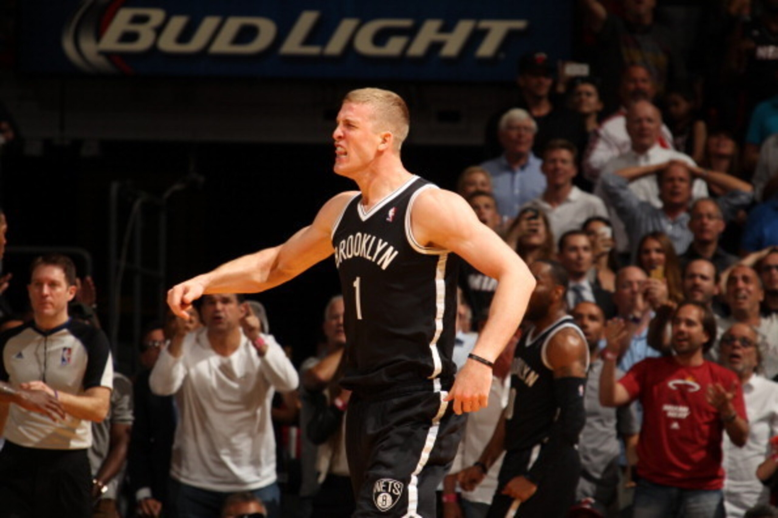 MIAMI, FL - APRIL 8:  Mason Plumlee #1 of the Brooklyn Nets gets pumped up after the big block against the Miami Heat during on April 8, 2014 at American Airlines Arena in Miami, Florida.  NOTE TO USER: User expressly acknowledges and agrees that, by down