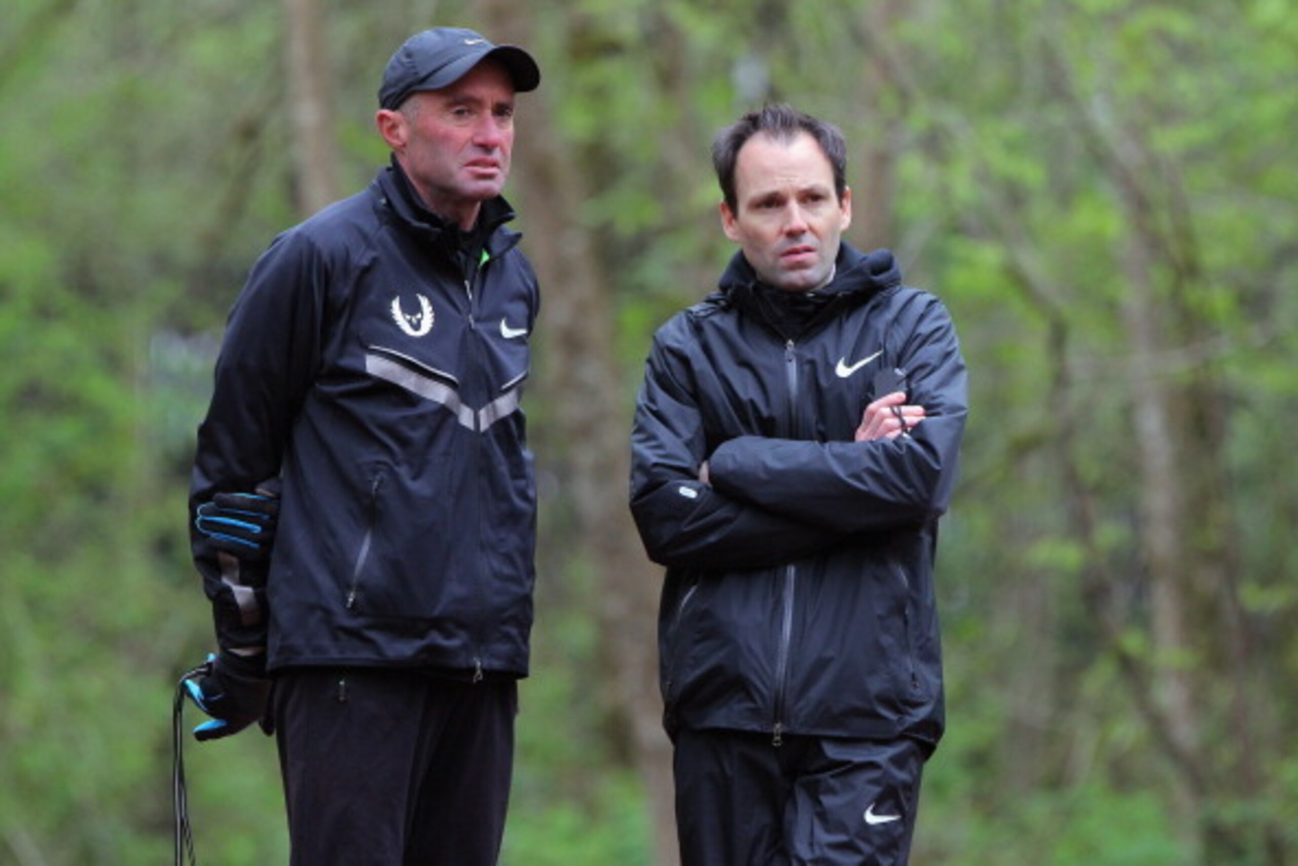 BEAVERTON, OR - APRIL 13:  Coach Alberto Salazar of the Nike Oregon Project and associate coach Pete Julian oversee their athletes at the Nike campus on April 13, 2013 in Beaverton, Oregon.  (Photo by Doug Pensinger/Getty Images)