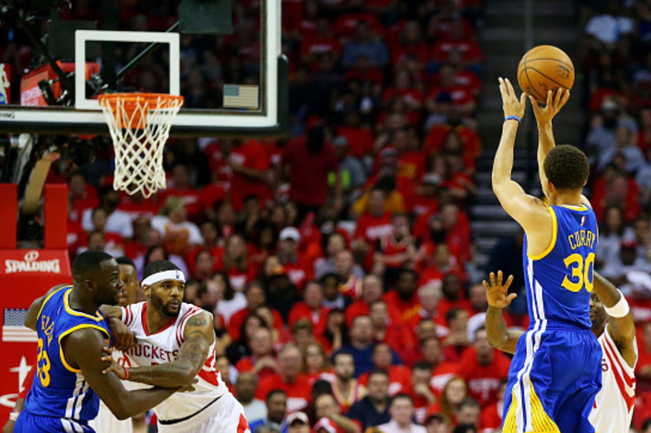 HOUSTON, TX - MAY 23:  Stephen Curry #30 of the Golden State Warriors shoots a three pointer to set the record for most three pointers in a post season in the second quarter against the Houston Rockets during Game Three of the Western Conference Finals of