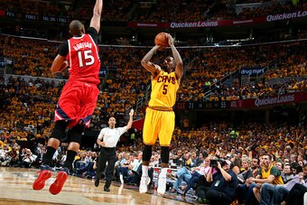 CLEVELAND, OH - MAY 26: J.R. Smith #5 of the Cleveland Cavaliers shoots against the Atlanta Hawks in Game Four of the Eastern Conference Finals during the 2015 NBA Playoffs on May 26, 2015 at Quicken Loans Arena in Cleveland, Ohio.  NOTE TO USER: User exp