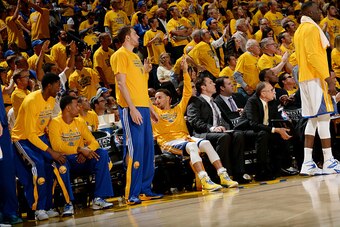 OAKLAND, CA - MAY 27: Stephen Curry #30 of the Golden State Warriors celebrates during a game against the Houston Rockets in Game Five of the Western Conference Finals of the 2015 NBA Playoffs on May 27, 2015 at Oracle Arena in Oakland, California. NOTE T