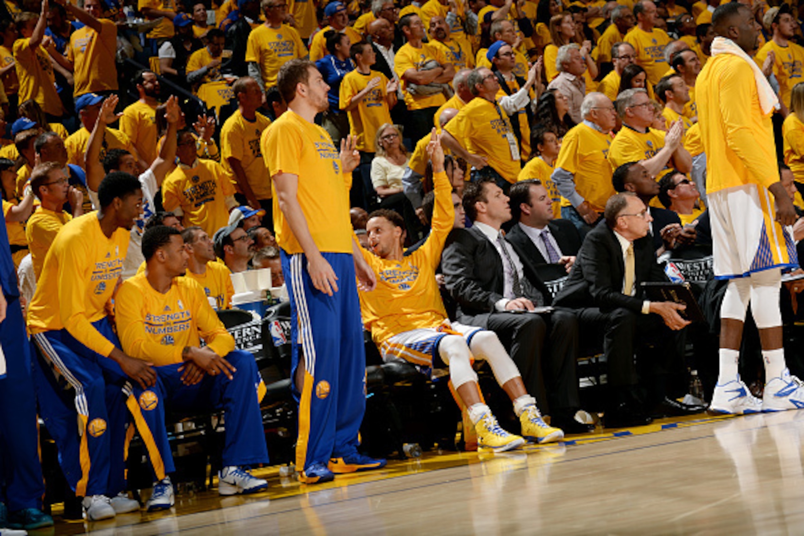 OAKLAND, CA - MAY 27: Stephen Curry #30 of the Golden State Warriors celebrates during a game against the Houston Rockets in Game Five of the Western Conference Finals of the 2015 NBA Playoffs on May 27, 2015 at Oracle Arena in Oakland, California. NOTE T
