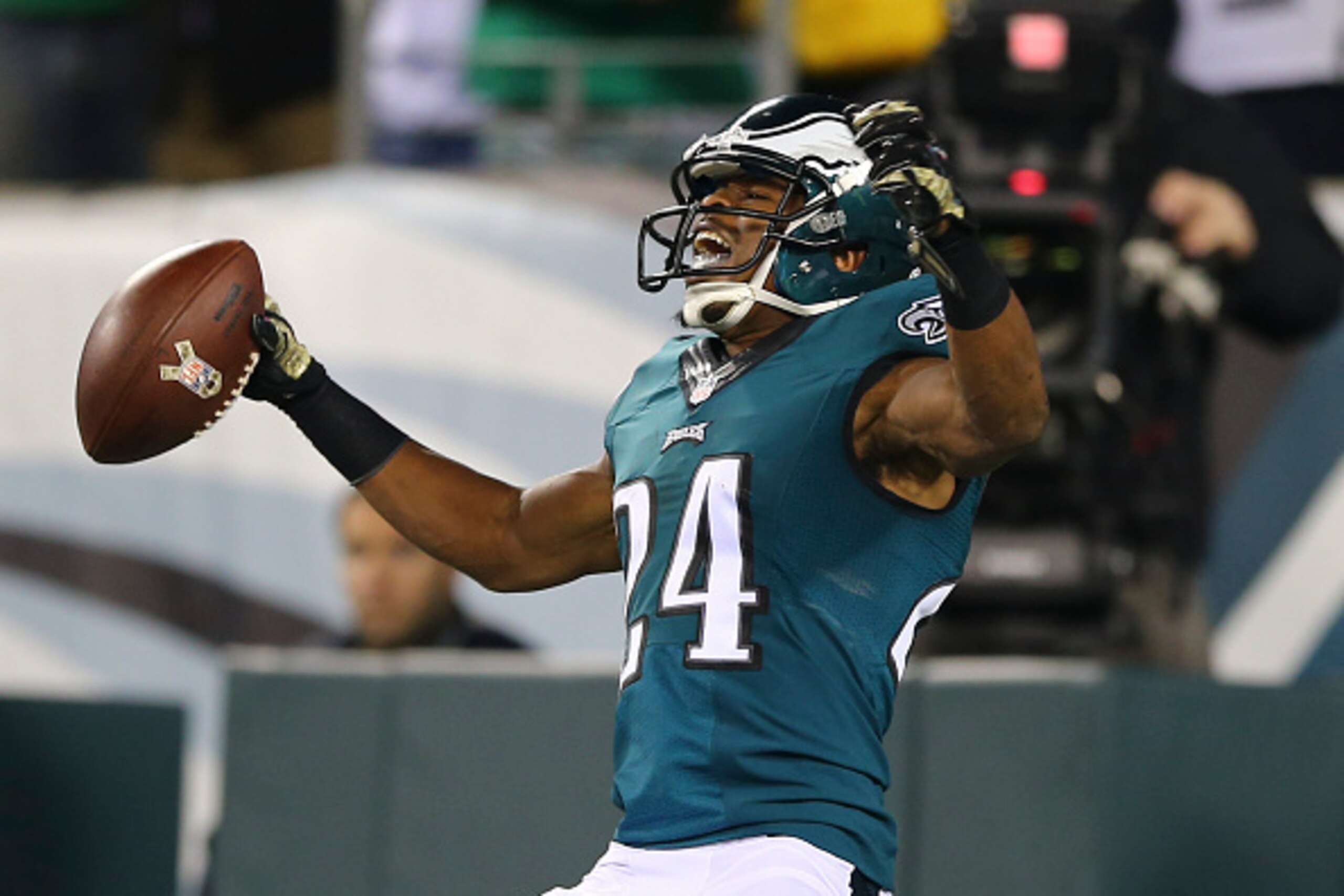 PHILADELPHIA, PA - NOVEMBER 10:  Bradley Fletcher #24 of the Philadelphia Eagles reacts after intercepting a pass and scoring a touchdown against the Carolina Panther on November 10, 2014 at Lincoln Financial Field in Philadelphia, Pennsylvania. (Photo by