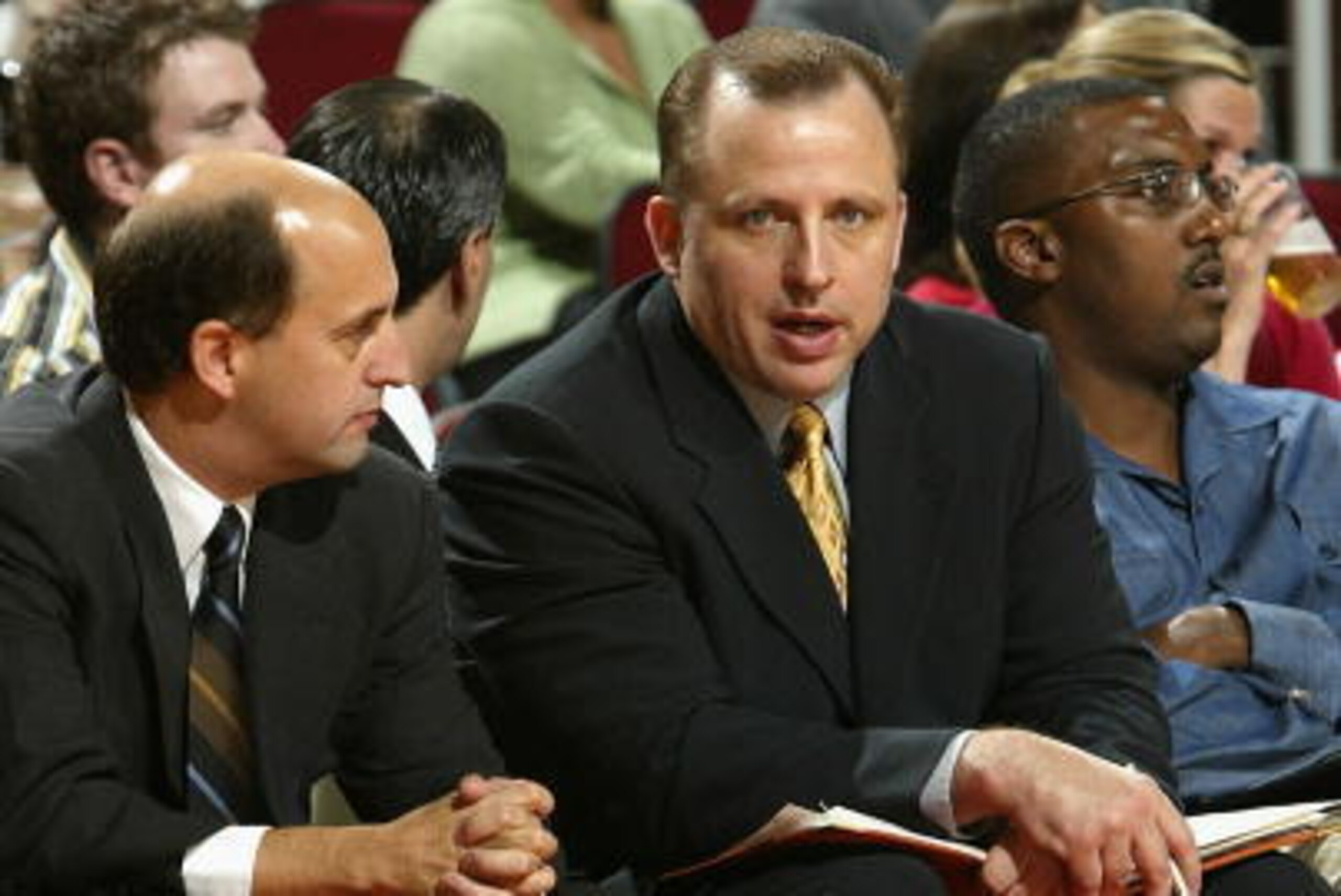 HOUSTON - OCTOBER 12:  (L-R) Head coach Jeff Van Gundy and assistant coach Tom Thibodeau of the Houston Rockets talk during the preseason game against the Orlando Magic on October 12, 2005 at the Toyota Center in Houston, Texas. The Rockets won 84-80. NOT
