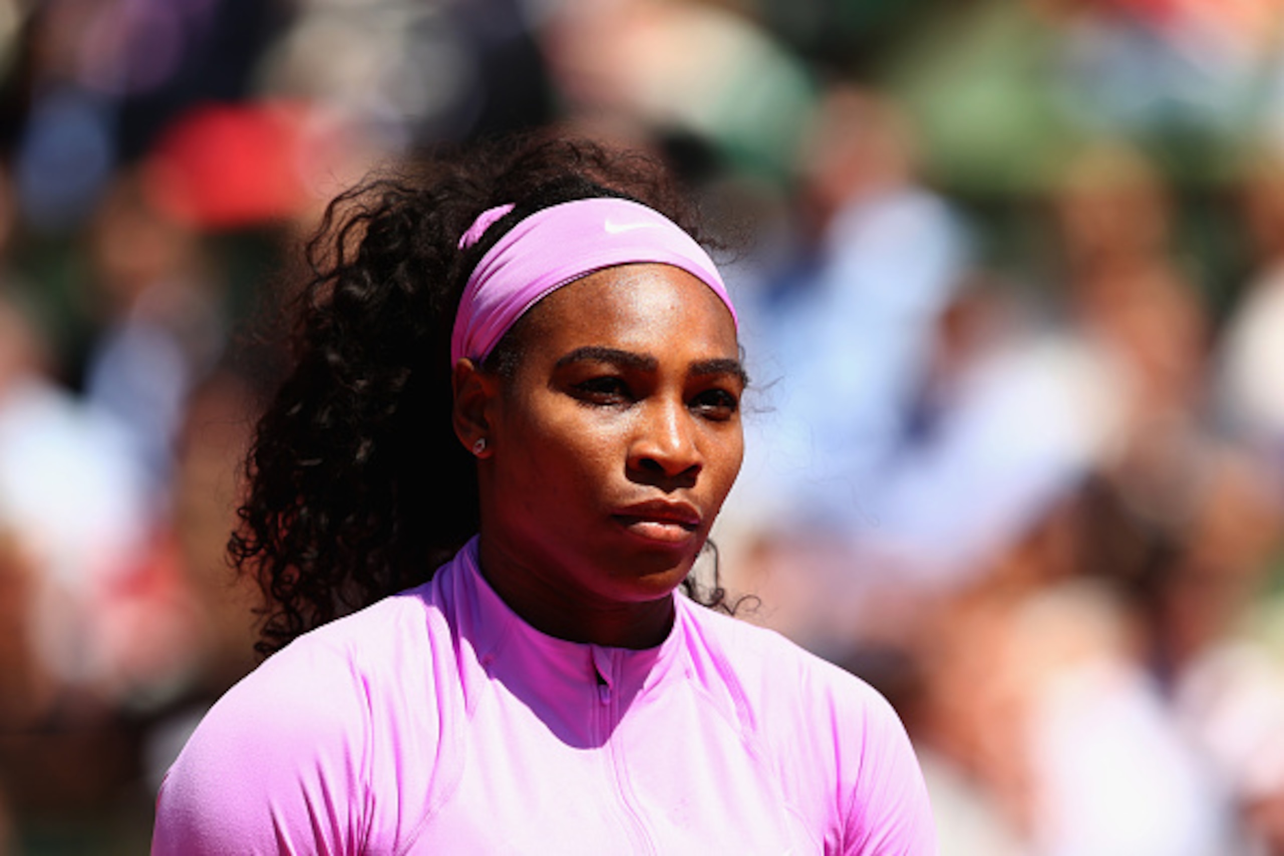 PARIS, FRANCE - JUNE 01:  Serena Williams of the United States looks on in her Women's Singles match against Sloane Stephens of the United States on day nine of the 2015 French Open at Roland Garros on June 1, 2015 in Paris, France.  (Photo by Clive Bruns