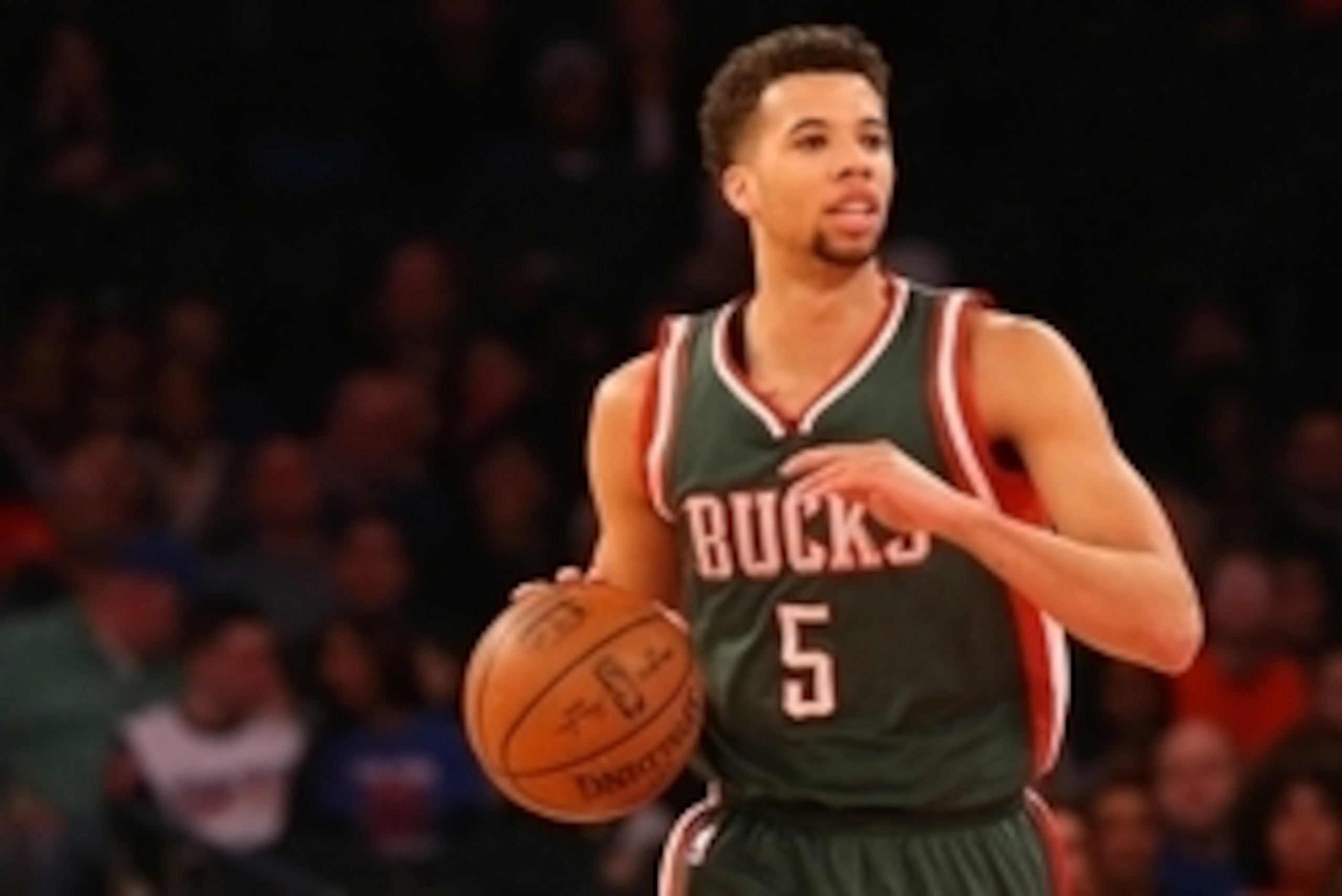 Apr 10, 2015; New York, NY, USA;  Milwaukee Bucks guard Michael Carter-Williams (5) dribbles the ball during the first quarter against the New York Knicks at Madison Square Garden. Mandatory Credit: Anthony Gruppuso-USA TODAY Sports