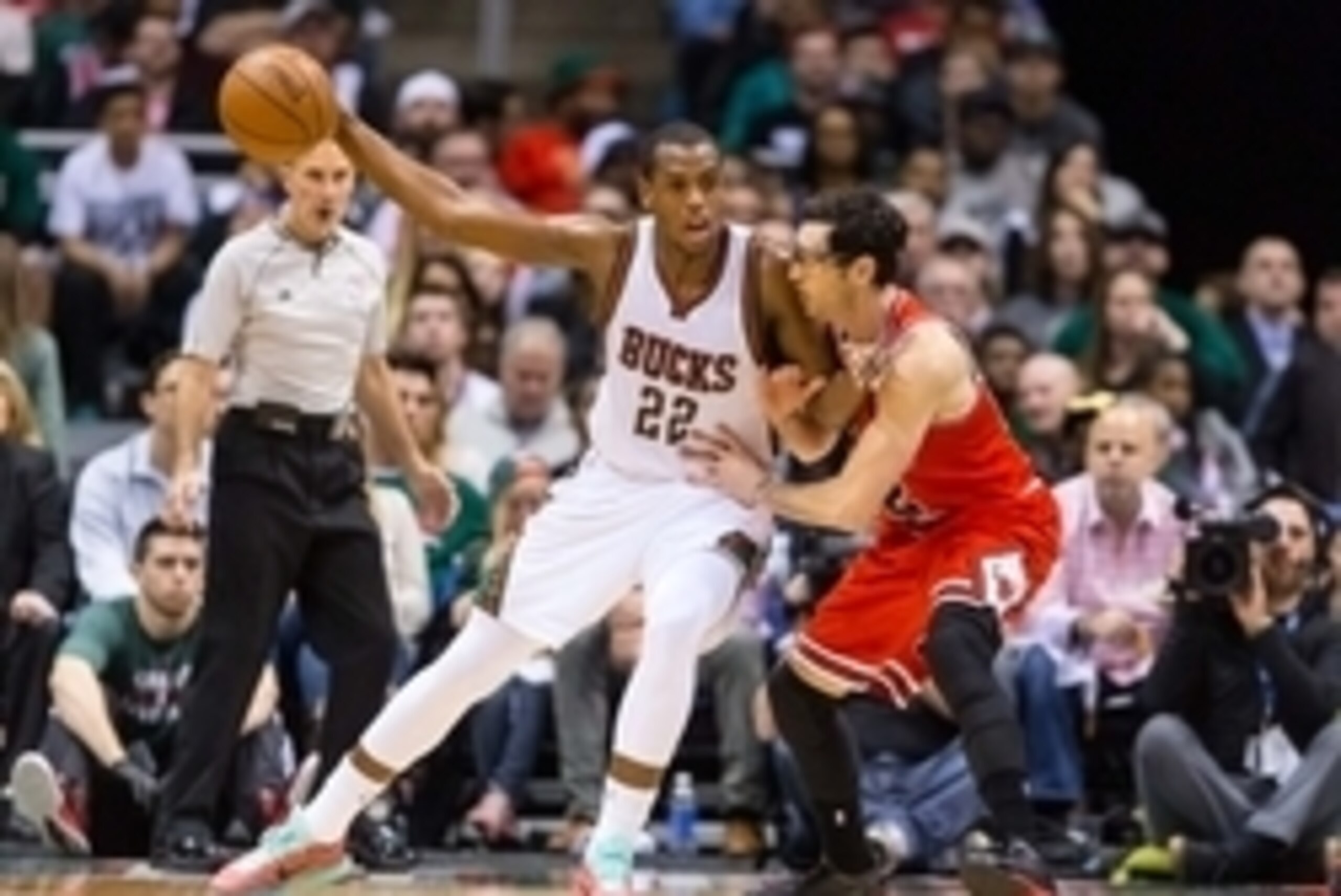 Apr 23, 2015; Milwaukee, WI, USA;  Milwaukee Bucks guard Khris Middleton (22) during game three of the first round of the NBA Playoffs against the Chicago Bulls at BMO Harris Bradley Center.  Chicago won 113-106.  Mandatory Credit: Jeff Hanisch-USA TODAY 