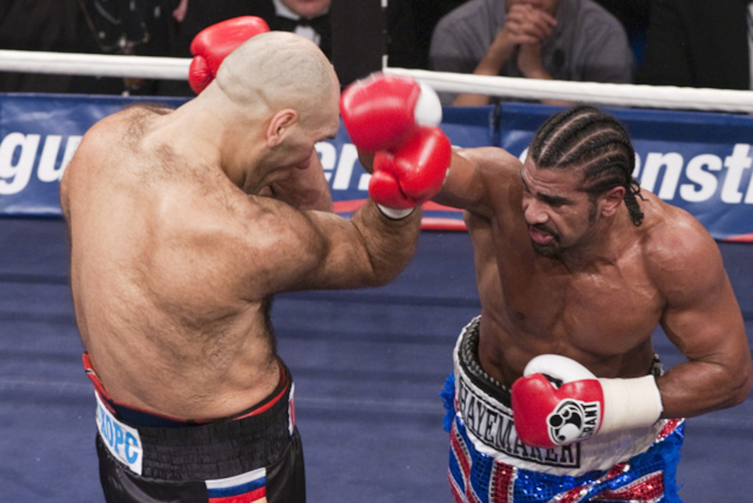 David Haye (right) aims a punch at Valuev.