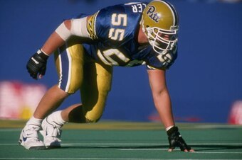 23 Sep 1995: Linebacker Jared Miller of the Pitt Panthers stares into the backfield as he awaits the snap of the football during a play in the Panthers 54-14 loss to the Ohio State Buckeyes at Pitt Stadium in Pittsburgh, Pennsylvania.