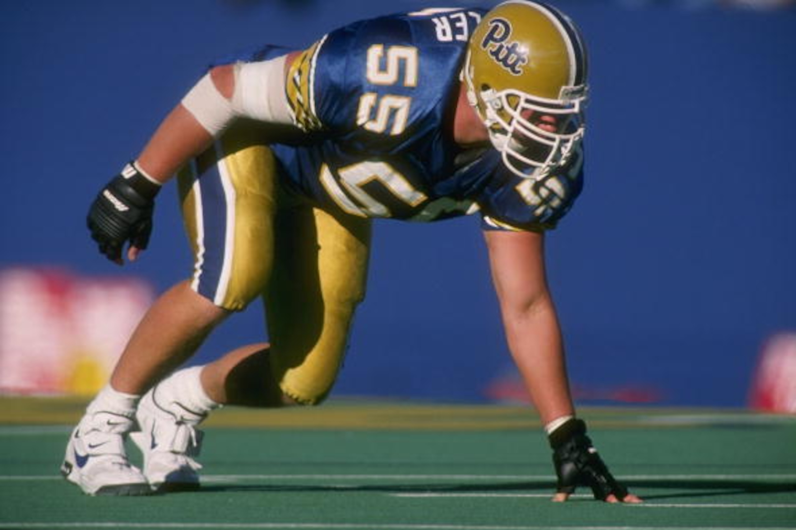 23 Sep 1995: Linebacker Jared Miller of the Pitt Panthers stares into the backfield as he awaits the snap of the football during a play in the Panthers 54-14 loss to the Ohio State Buckeyes at Pitt Stadium in Pittsburgh, Pennsylvania.