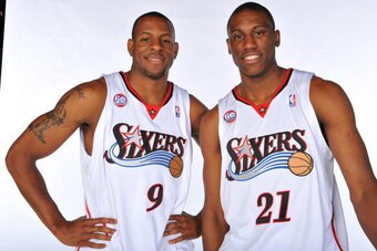 PHILADELPHIA - SEPTEMBER 29: Andre Iguodala #9 and Thaddeus Young #21 of the Philadelphia 76ers pose for a portrait during NBA Media Day on September 29, 2008 at the Wachovia Center in Philadelphia, Pennsylvania.  NOTE TO USER: User expressly acknowledges