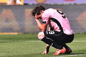 PALERMO, ITALY - MAY 10:  Andrea Belotti of Palermo show his dejection after missing a penalty during the Serie A match between US Citta di Palermo and Atalanta BC at Stadio Renzo Barbera on May 10, 2015 in Palermo, Italy.  (Photo by Tullio M. Puglia/Gett