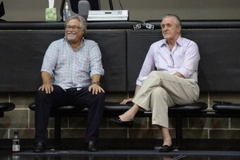 SAN ANTONIO, TX JUNE 6: Miami Heat owner, Micky Arison and team President, Pat Riley observe practice as part of the 2014 NBA Finals on June 6, 2014 at the Spurs Practice Facility in San Antonio, Texas. NOTE TO USER: User expressly acknowledges and agrees