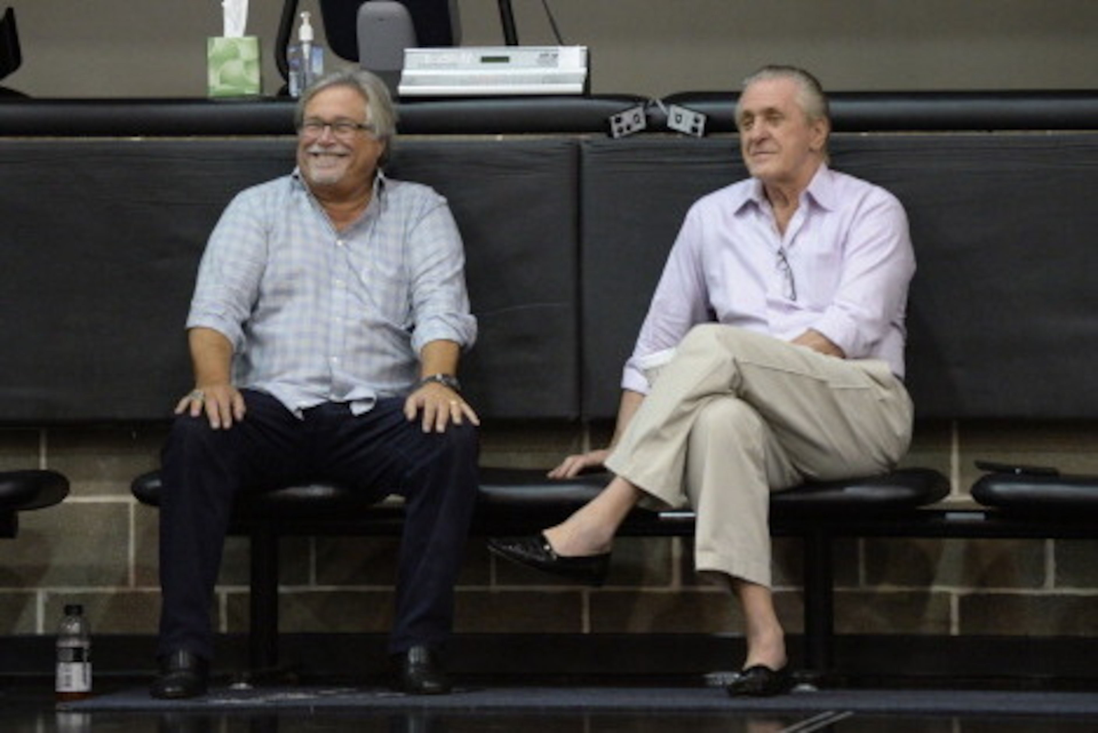 SAN ANTONIO, TX JUNE 6: Miami Heat owner, Micky Arison and team President, Pat Riley observe practice as part of the 2014 NBA Finals on June 6, 2014 at the Spurs Practice Facility in San Antonio, Texas. NOTE TO USER: User expressly acknowledges and agrees SAN ANTONIO, TX JUNE 6: Miami Heat owner, Micky Arison and team President, Pat Riley observe practice as part of the 2014 NBA Finals on June 6, 2014 at the Spurs Practice Facility in San Antonio, Texas. NOTE TO USER: User expressly acknowledges and agrees