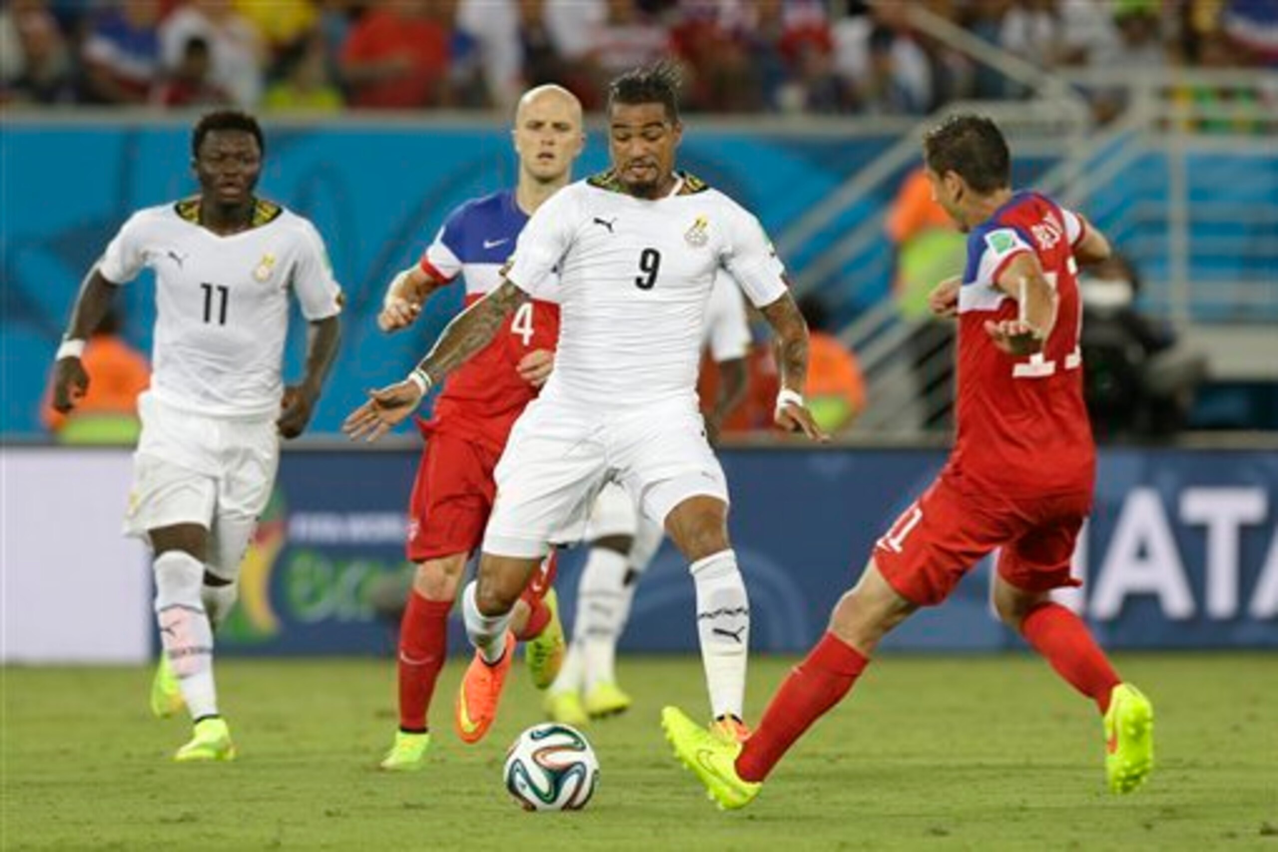 Boateng and Muntari (No. 11) were both suspended by Ghana after a training ground incident.