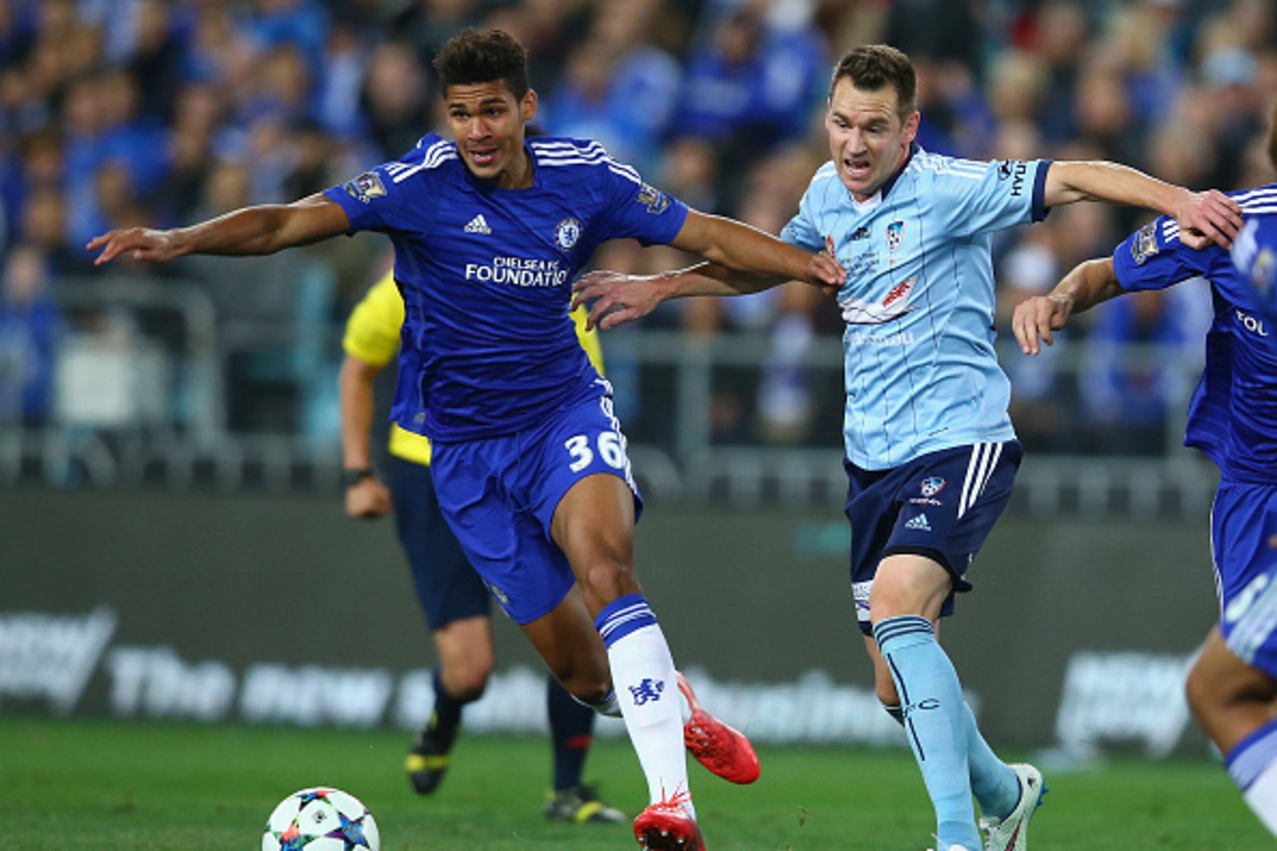 SYDNEY, AUSTRALIA - JUNE 02:  Ruben Loftus-Cheek of Chelsea and Shane Smeltz of Sydney FC compete for the ball during the international friendly match between Sydney FC and Chelsea FC at ANZ Stadium on June 2, 2015 in Sydney, Australia.  (Photo by Mark Ko