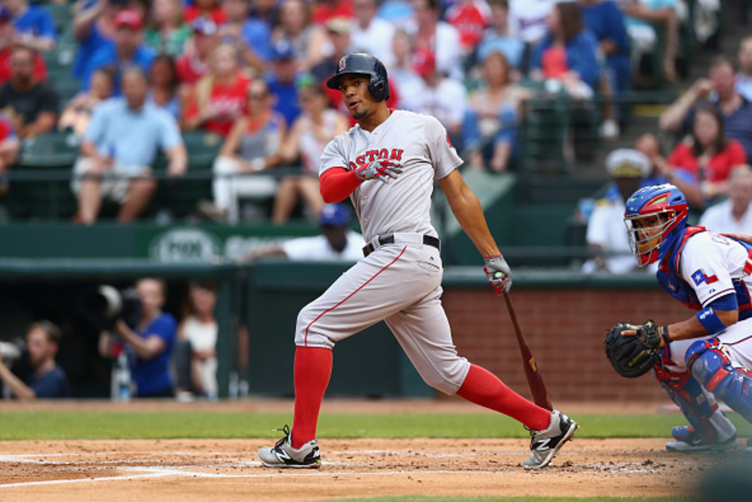 ARLINGTON, TX - MAY 28:  Xander Bogaerts #2 of the Boston Red Sox at Globe Life Park in Arlington on May 28, 2015 in Arlington, Texas.  (Photo by Ronald Martinez/Getty Images)
