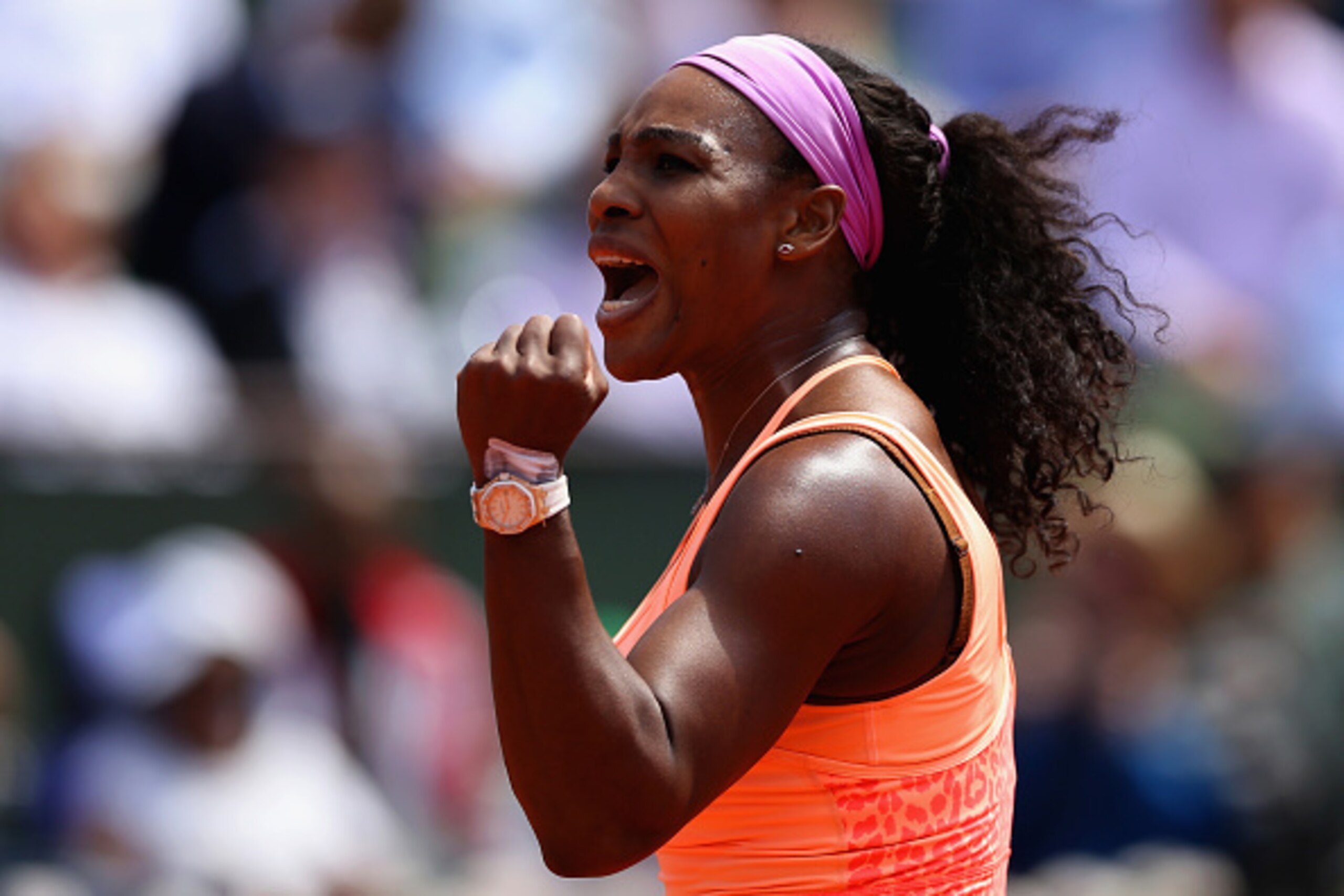 PARIS, FRANCE - JUNE 03:  Serena Williams of the United States celebrates a point in her Women's quarter final match against Sara Errani of Italy on day eleven of the 2015 French Open at Roland Garros on June 3, 2015 in Paris, France.  (Photo by Clive Bru