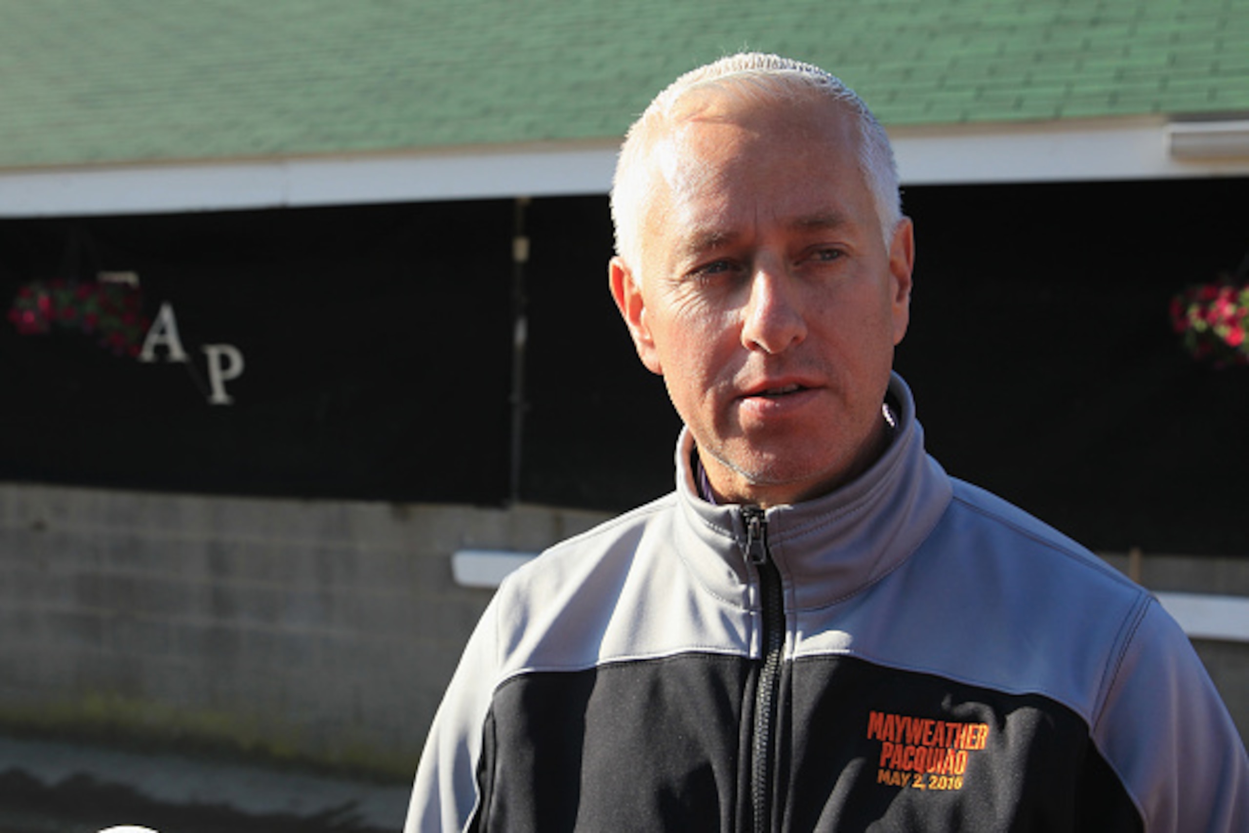 LOUISVILLE, KY - APRIL 29:  Todd Pletcher the trainer of Carpe Diem, Itsaknockout, Materiality and Stanford talks to the media during the morning training for the kentucky Derby at Churchill Downs on April 29, 2015 in Louisville, Kentucky.  (Photo by Andy
