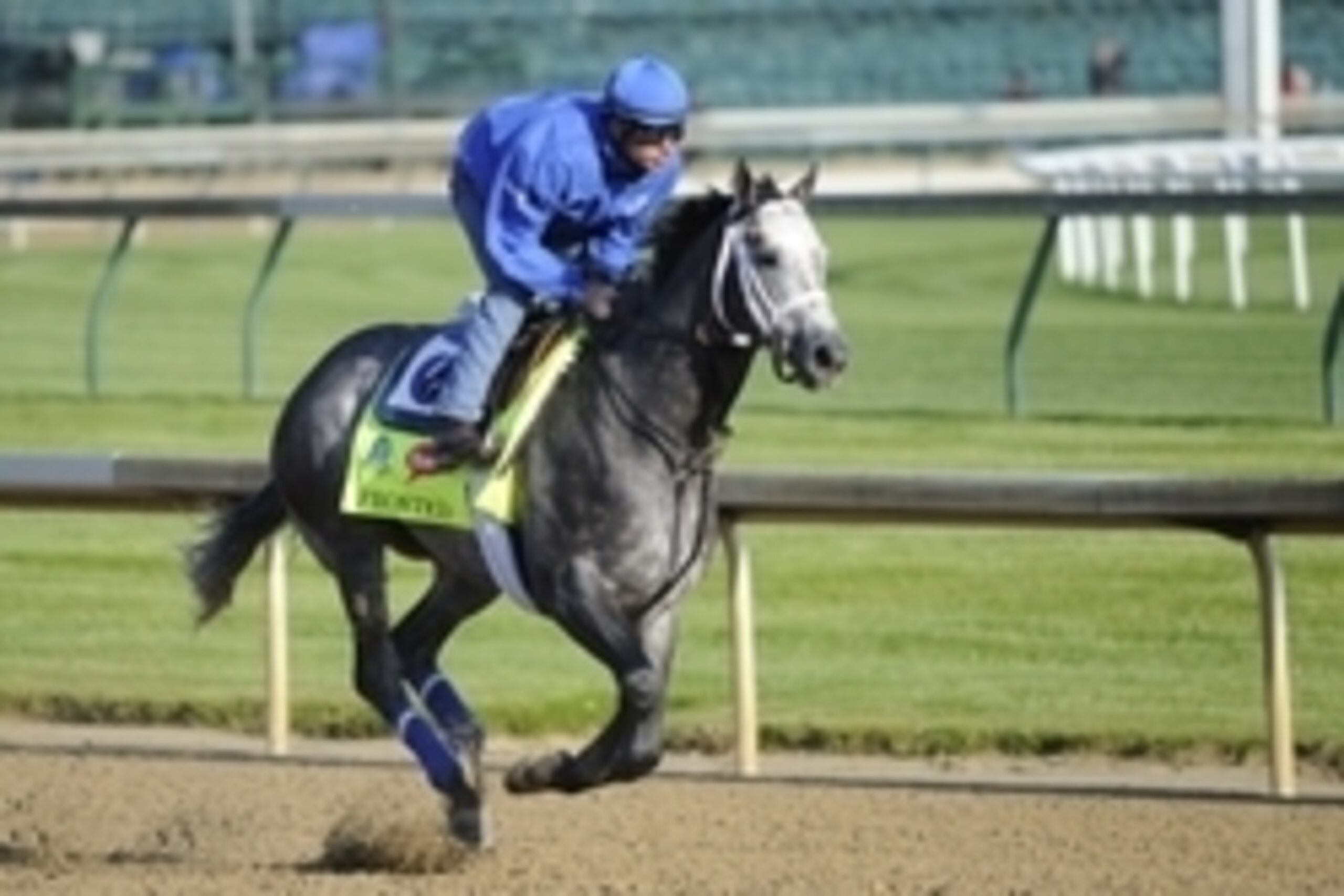 Apr 29, 2015; Louisville, KY, USA; Exercise rider Rob Massey works out Kentucky Derby hopeful Frosted trained by Kiaran McLaughlin at Churchill Downs. Mandatory Credit: Jamie Rhodes-USA TODAY Sports Apr 29, 2015; Louisville, KY, USA; Exercise rider Rob Massey works out Kentucky Derby hopeful Frosted trained by Kiaran McLaughlin at Churchill Downs. Mandatory Credit: Jamie Rhodes-USA TODAY Sports